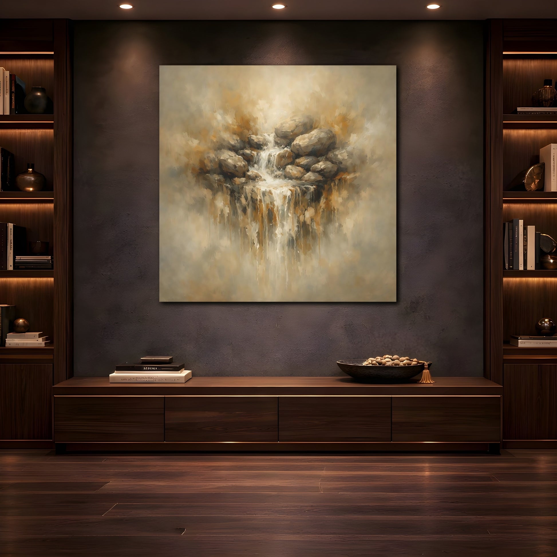 Mockup 4. Nature Waterfall Earthy Waterfall shown as stretched canvas wall art