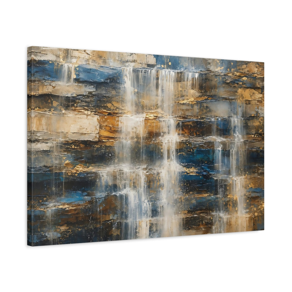 Side Mockup 2. Nature Waterfall Gold And Blue shown as stretched canvas wall art
