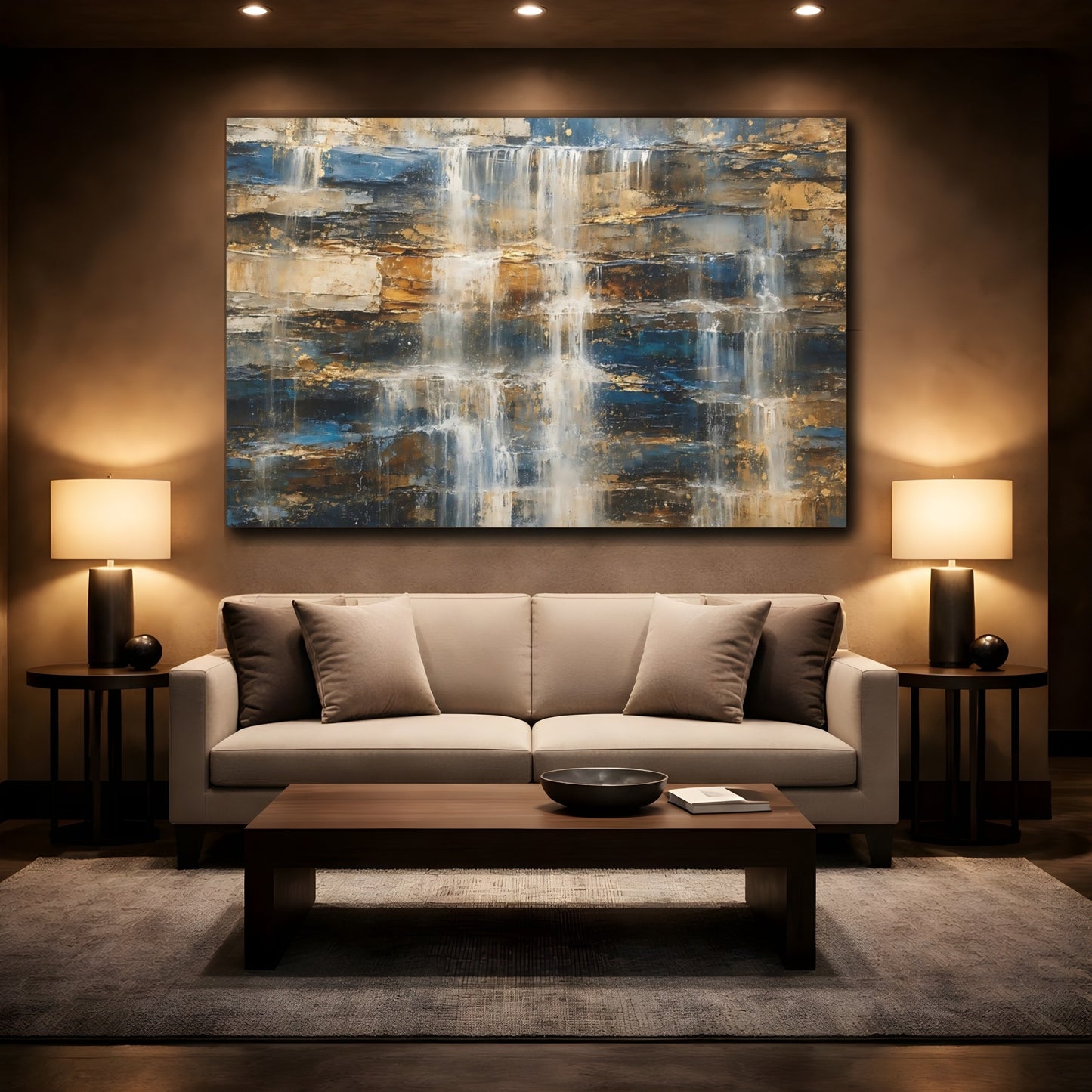Mockup 2. Nature Waterfall Gold And Blue shown as stretched canvas wall art
