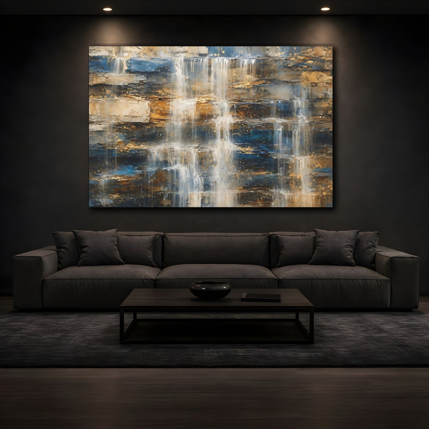 Mockup 3. Nature Waterfall Gold And Blue shown as stretched canvas wall art