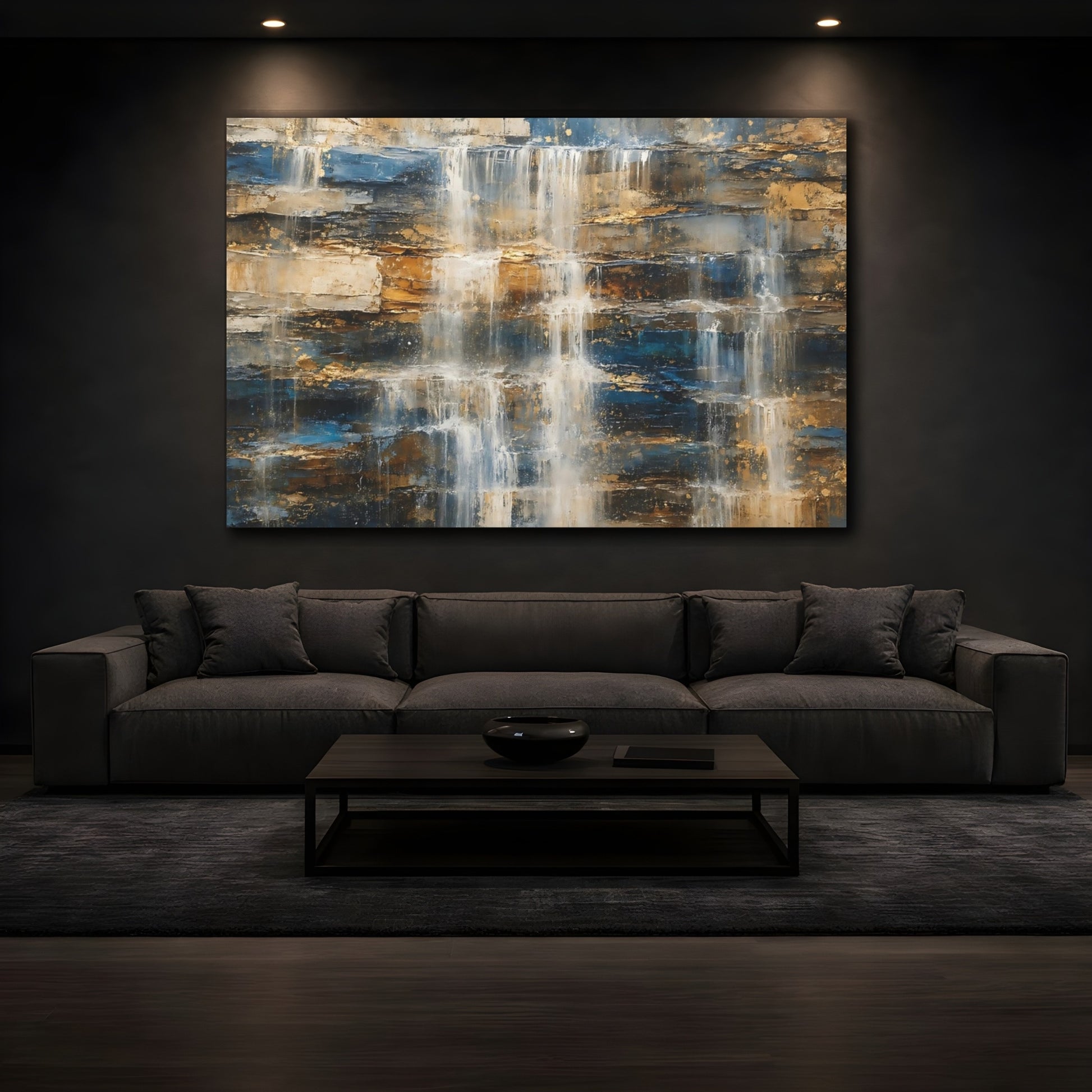 Mockup 3. Nature Waterfall Gold And Blue shown as stretched canvas wall art