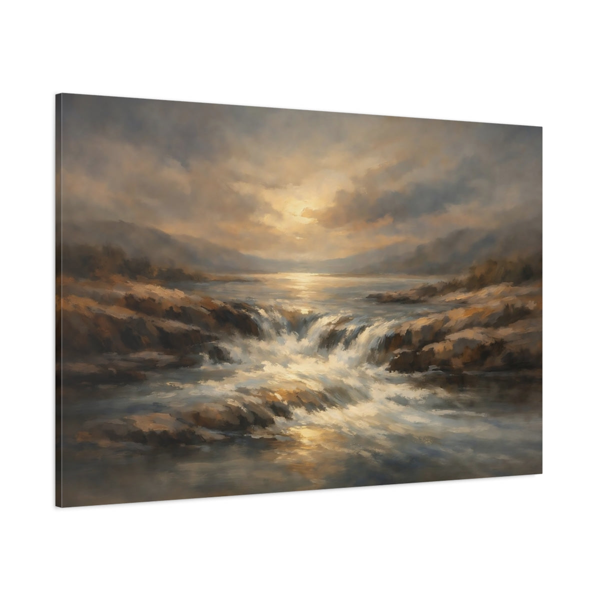 Main Mockup. Nature Waterfall Golden Brown Landscape shown as stretched canvas wall art