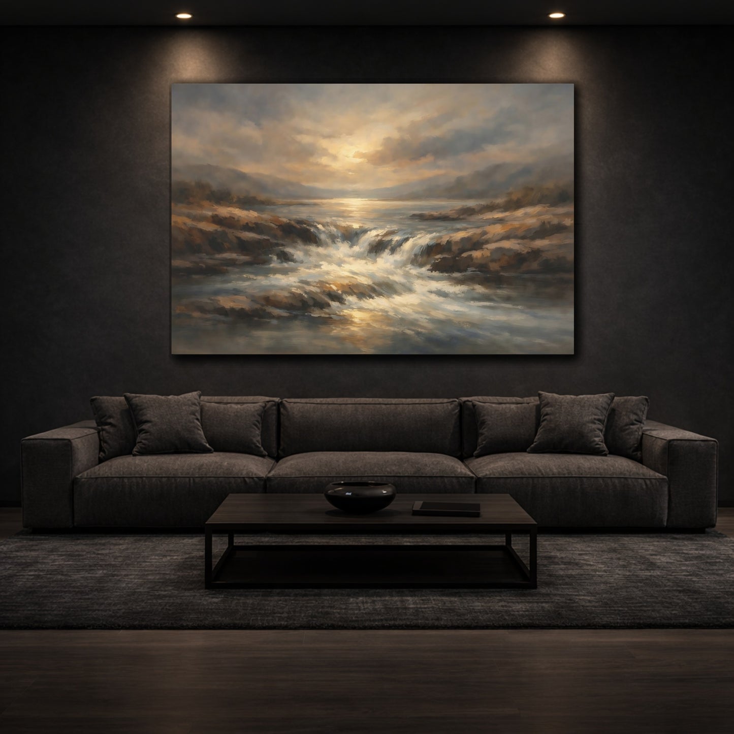 Mockup 2. Nature Waterfall Golden Brown Landscape shown as stretched canvas wall art