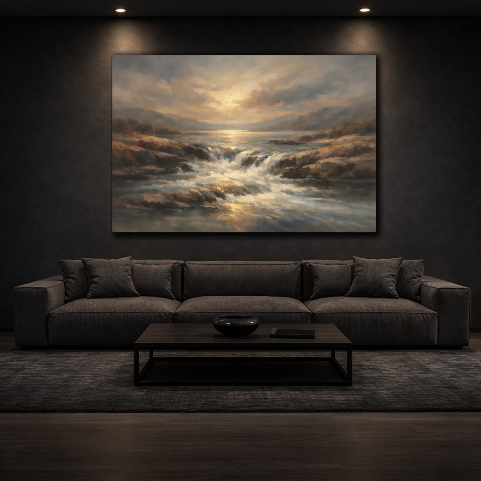 Mockup 2. Nature Waterfall Golden Brown Landscape shown as stretched canvas wall art