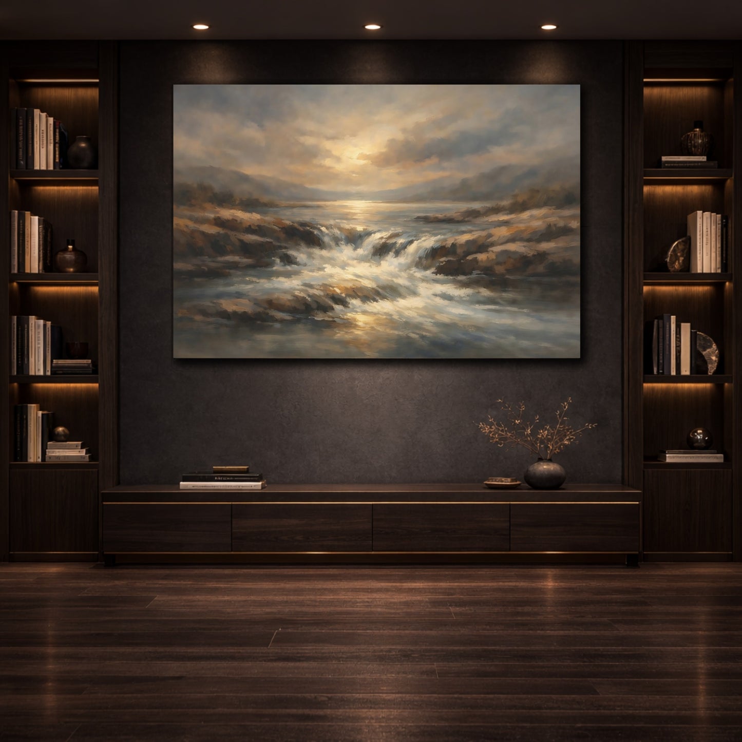 Mockup 3. Nature Waterfall Golden Brown Landscape shown as stretched canvas wall art