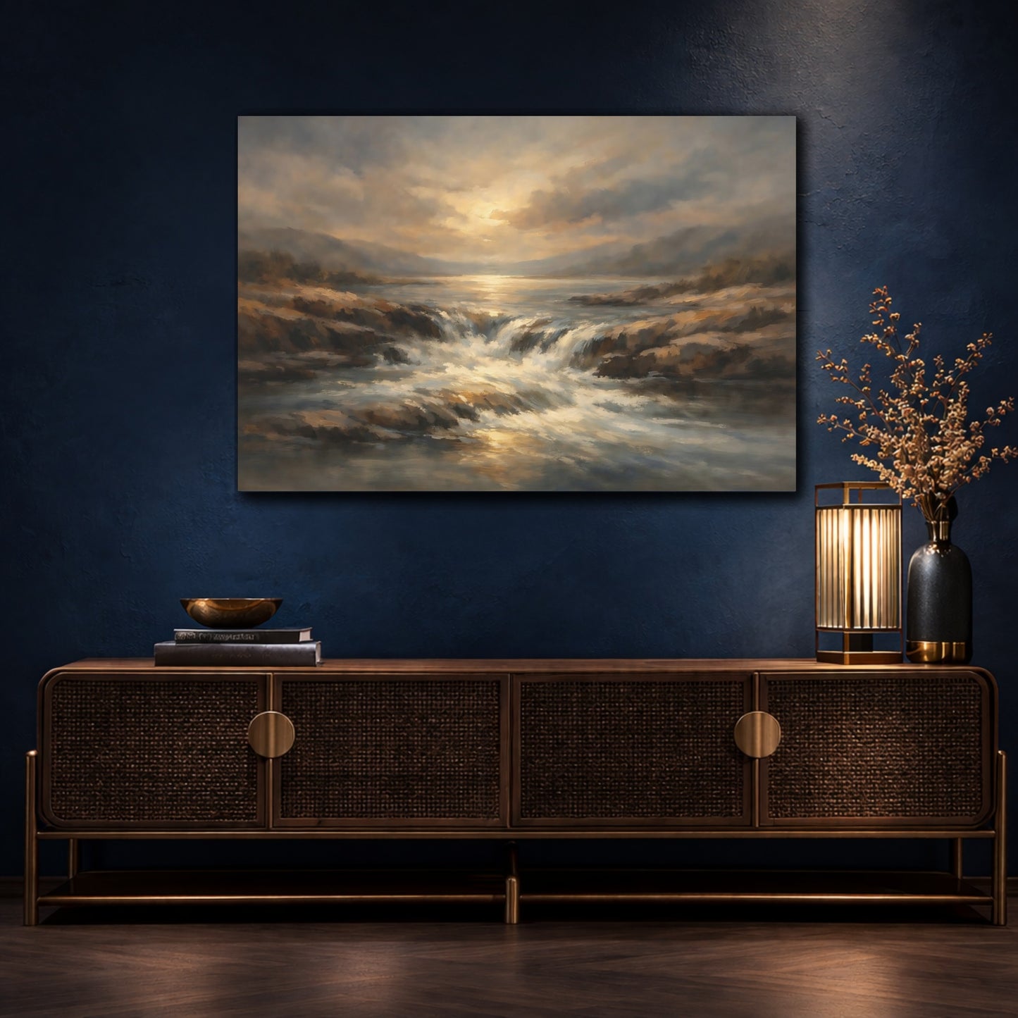 Mockup 4. Nature Waterfall Golden Brown Landscape shown as stretched canvas wall art