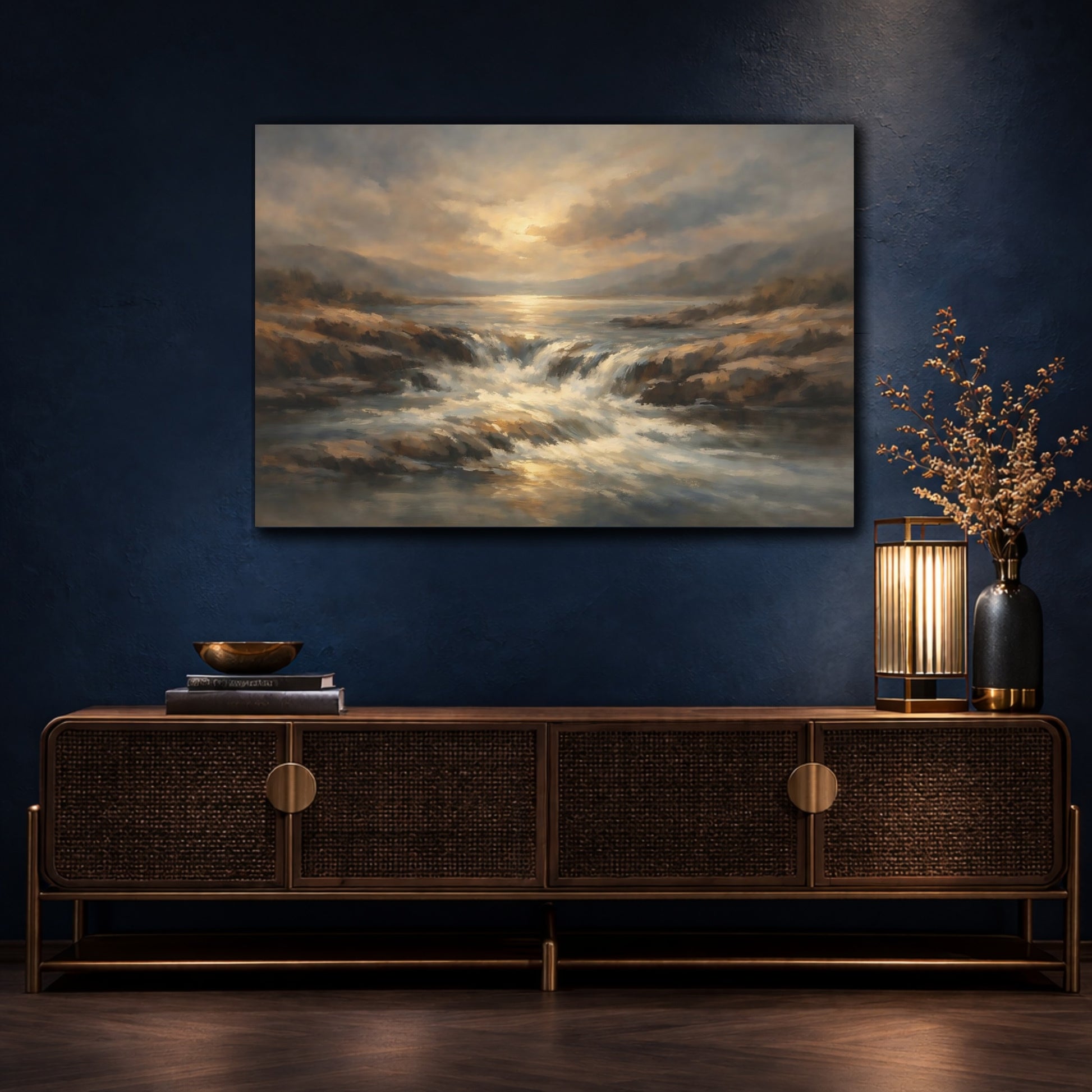 Mockup 4. Nature Waterfall Golden Brown Landscape shown as stretched canvas wall art