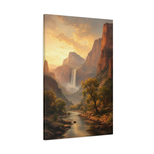 Main Mockup. Nature Waterfall Golden Canyon shown as stretched canvas wall art