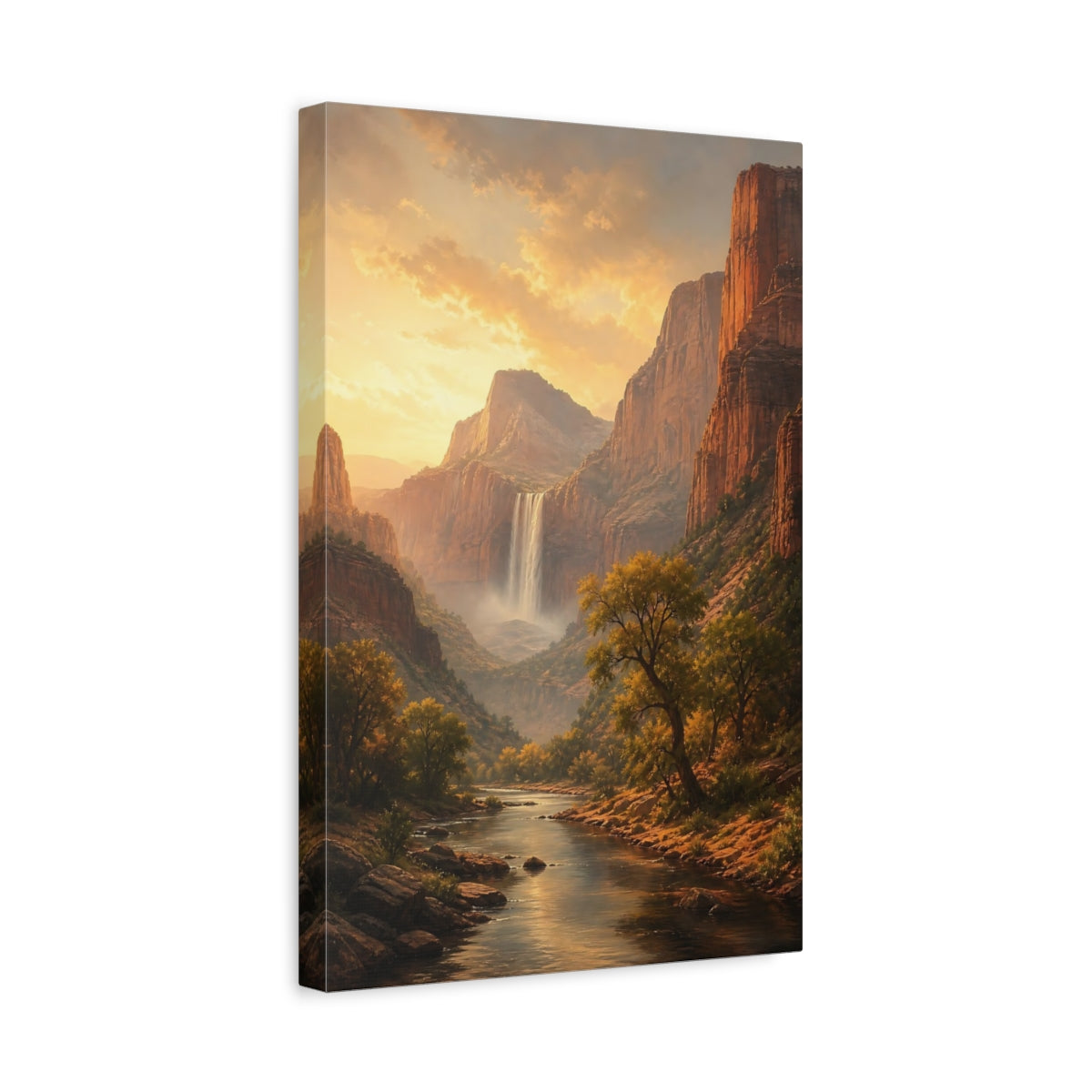 Side Mockup 4. Nature Waterfall Golden Canyon shown as stretched canvas wall art