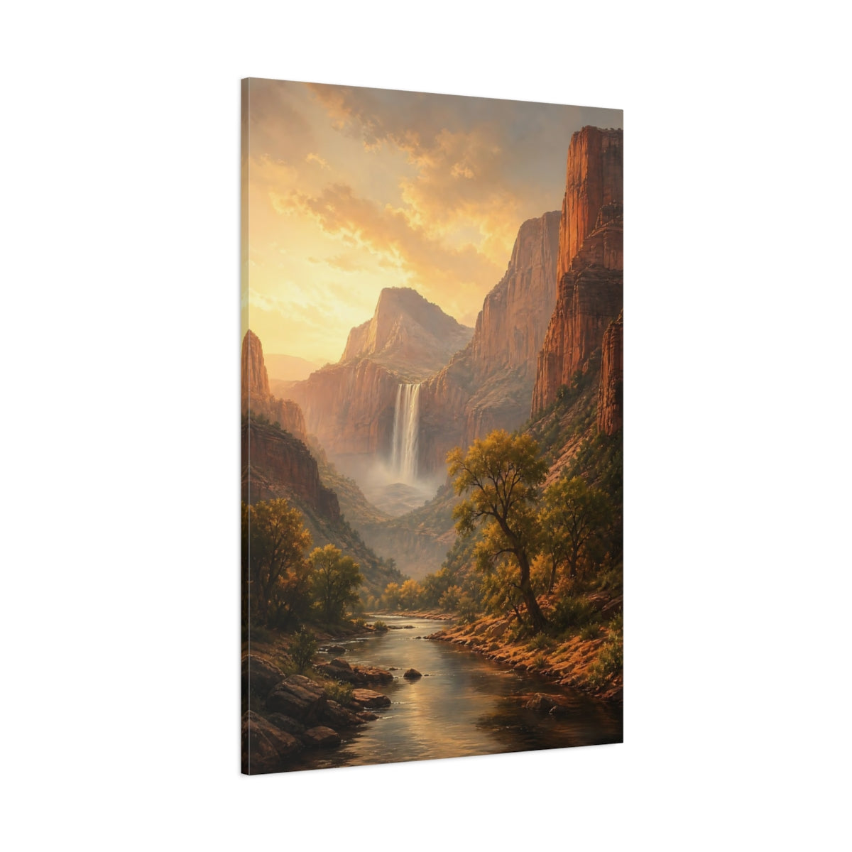 Side Mockup 1. Nature Waterfall Golden Canyon shown as stretched canvas wall art