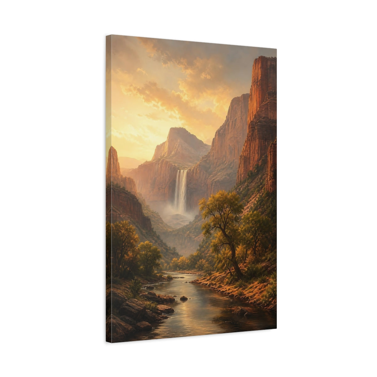 Side Mockup 2. Nature Waterfall Golden Canyon shown as stretched canvas wall art