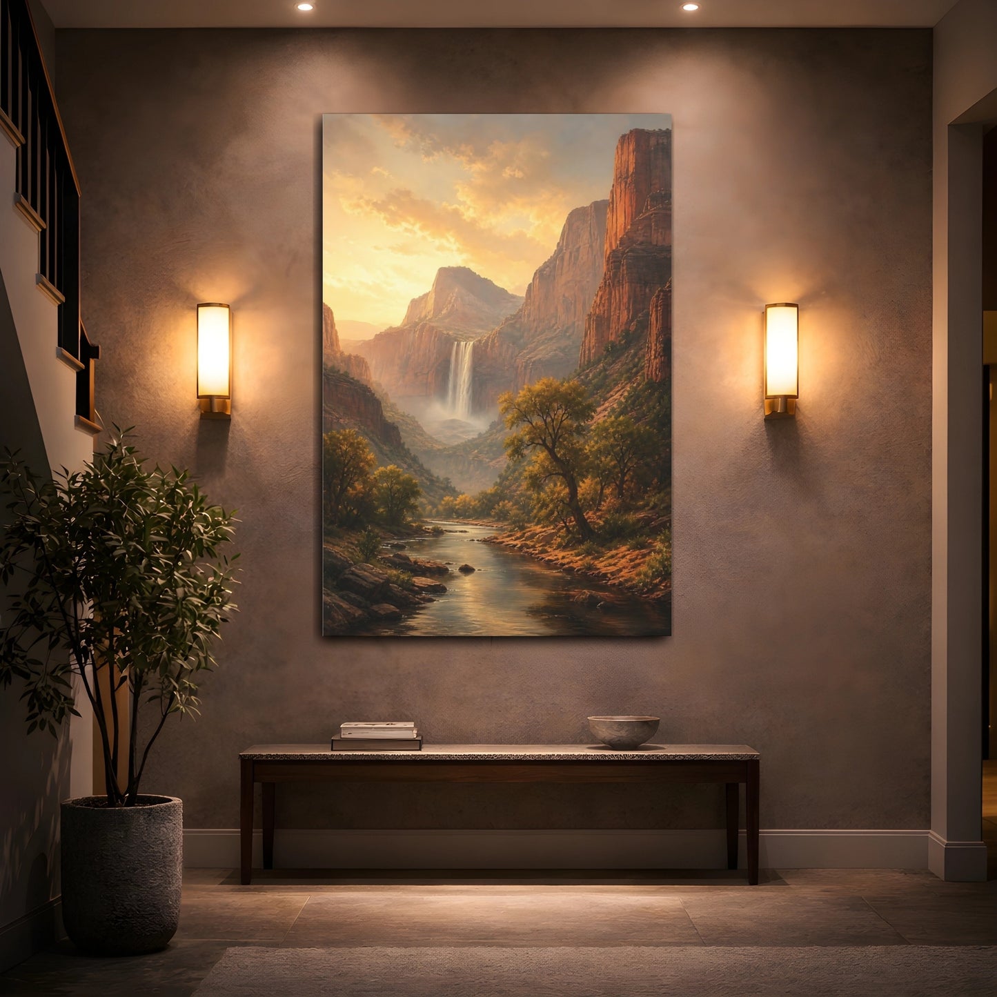 Mockup 2. Nature Waterfall Golden Canyon shown as stretched canvas wall art
