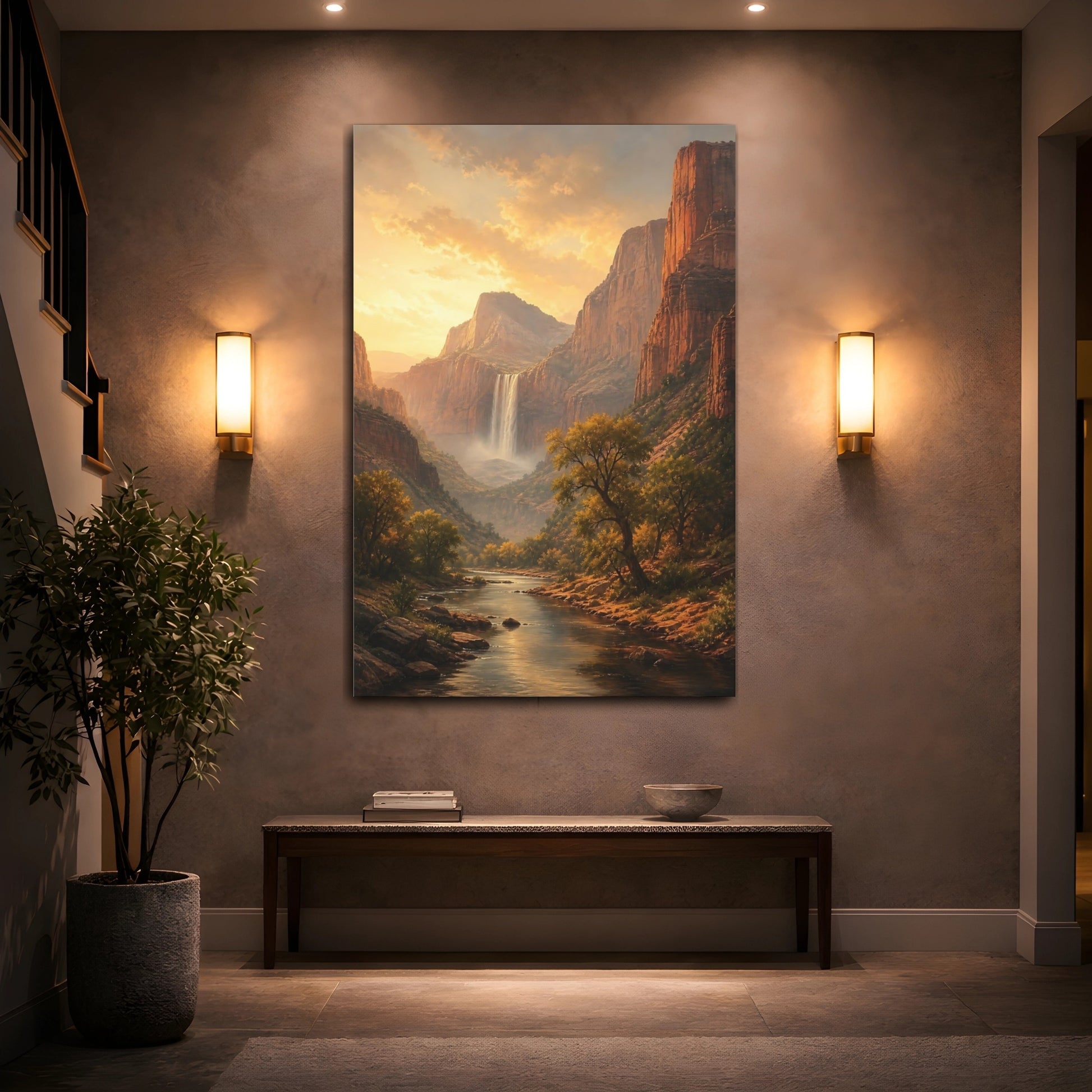 Mockup 2. Nature Waterfall Golden Canyon shown as stretched canvas wall art