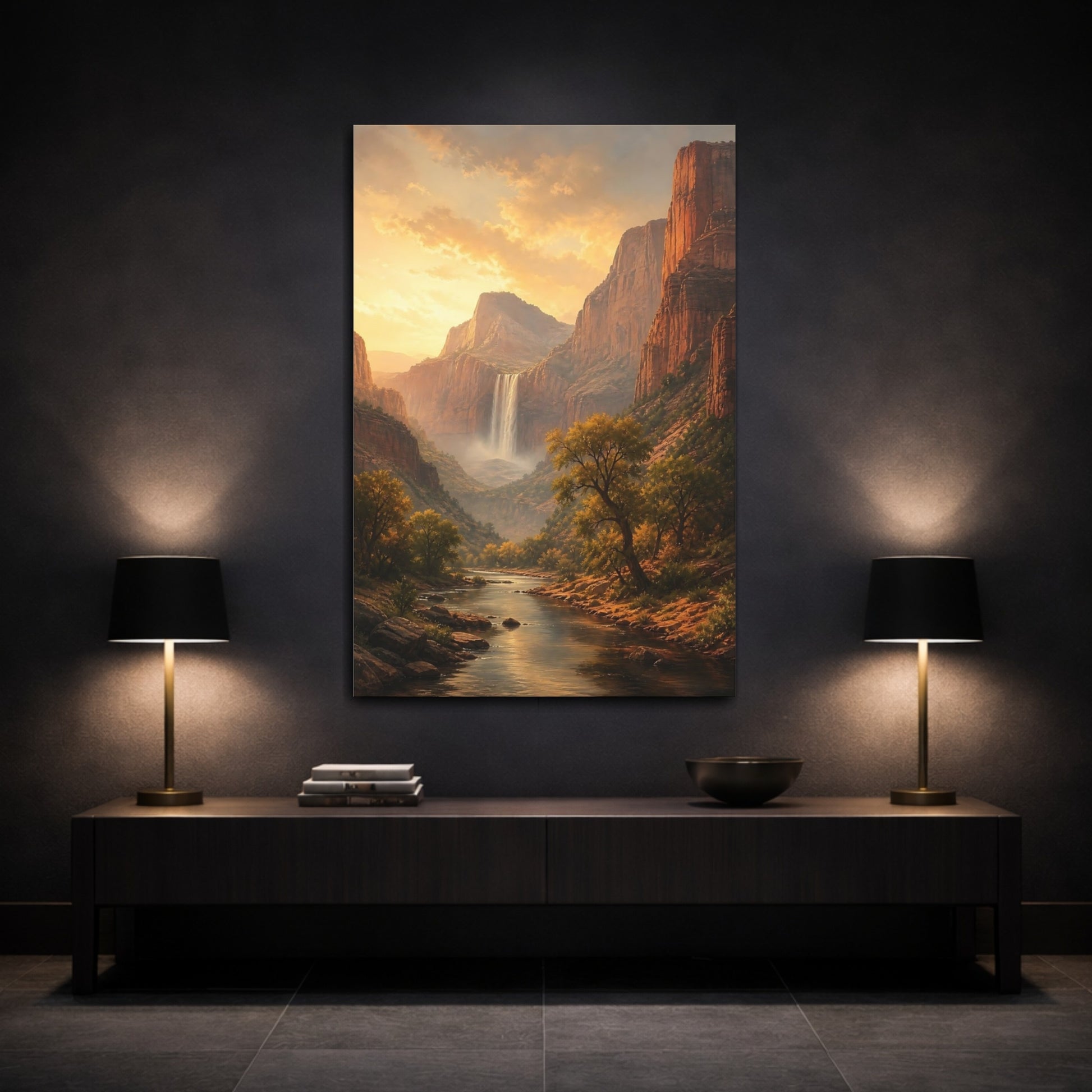 Mockup 3. Nature Waterfall Golden Canyon shown as stretched canvas wall art
