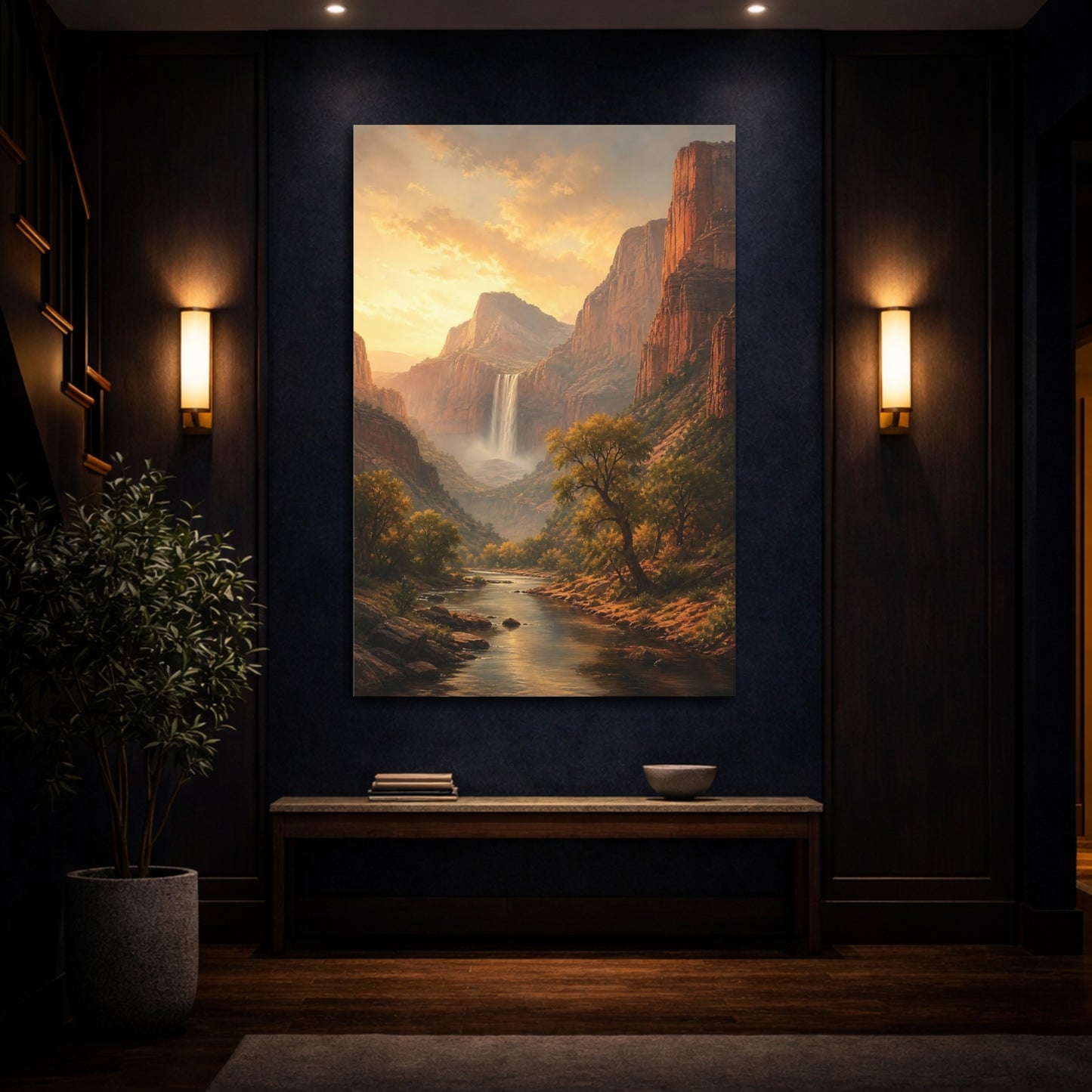 Mockup 4. Nature Waterfall Golden Canyon shown as stretched canvas wall art