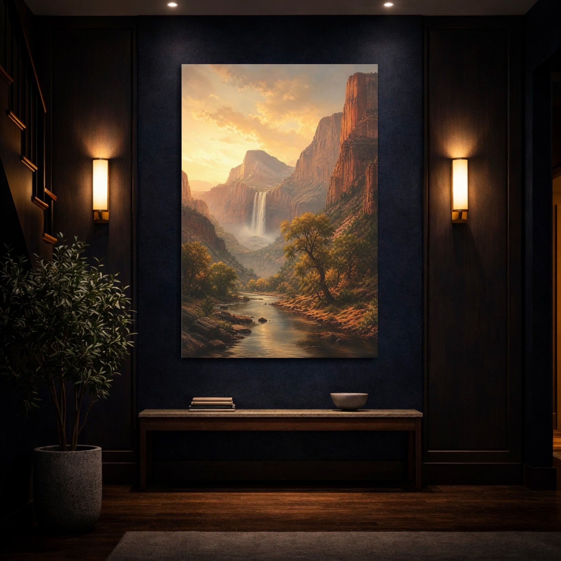 Mockup 4. Nature Waterfall Golden Canyon shown as stretched canvas wall art