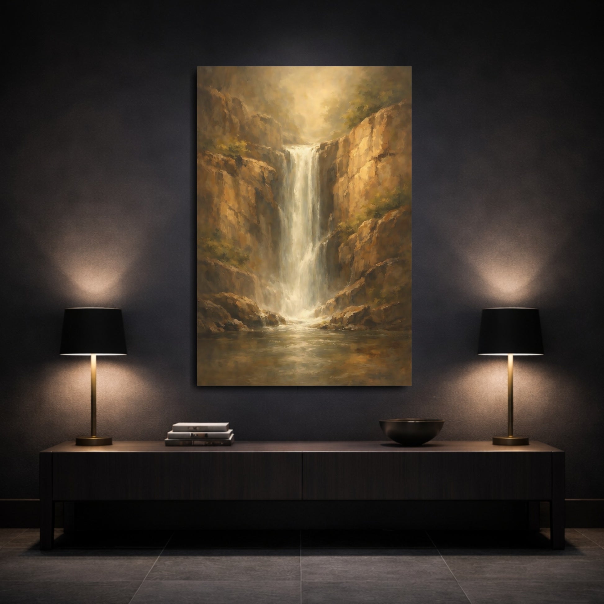 Mockup 2. Nature Waterfall Golden Waterfall shown as stretched canvas wall art