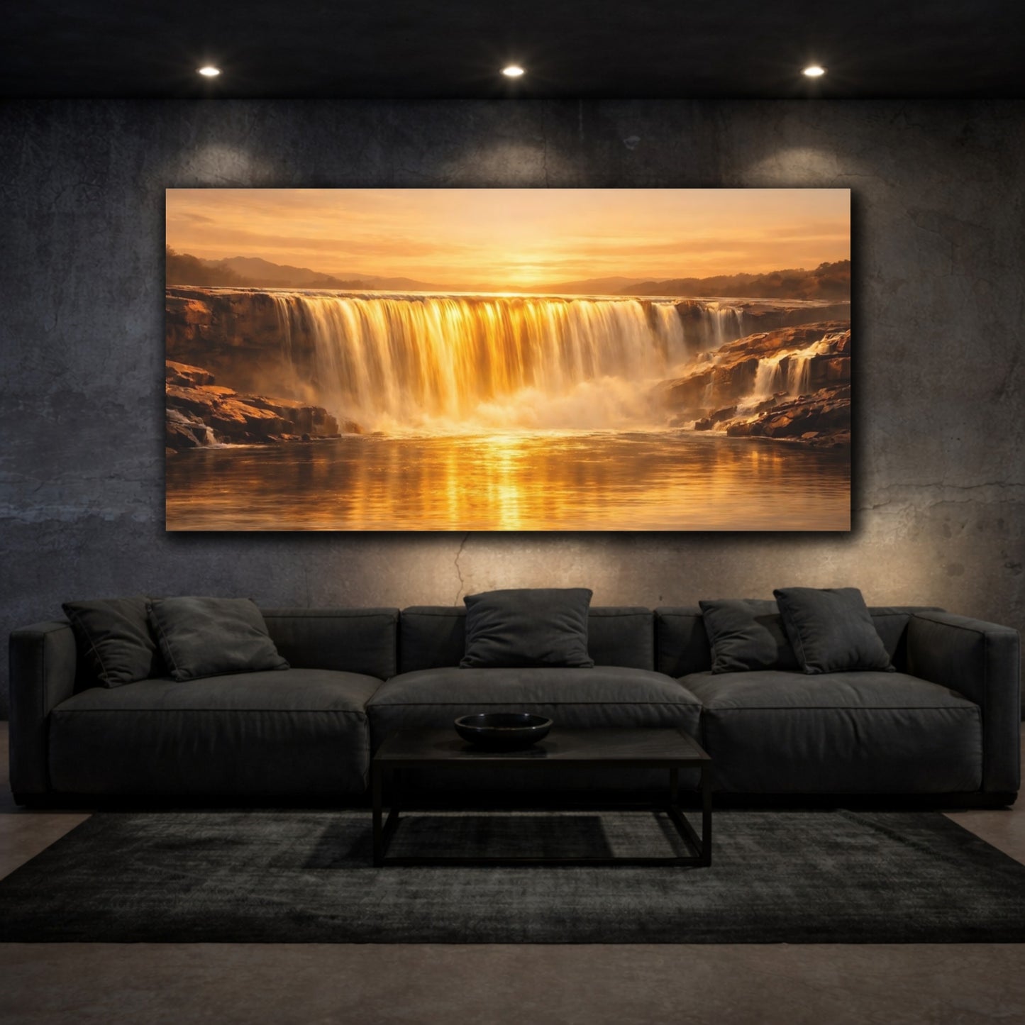 Mockup 2. Nature Waterfall Golden Waterfall shown as stretched canvas wall art