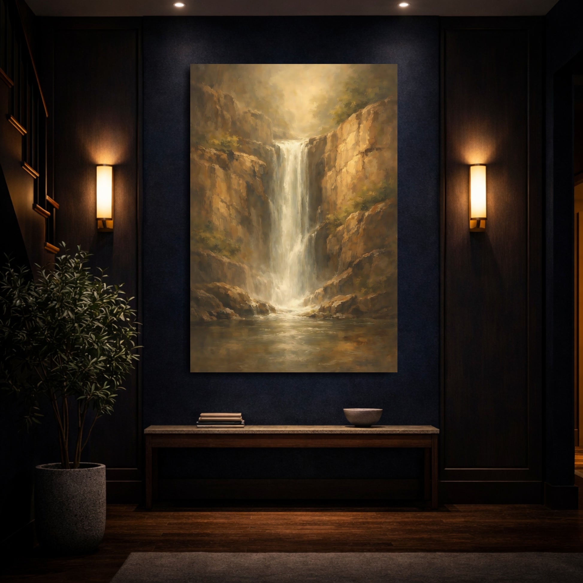 Mockup 3. Nature Waterfall Golden Waterfall shown as stretched canvas wall art