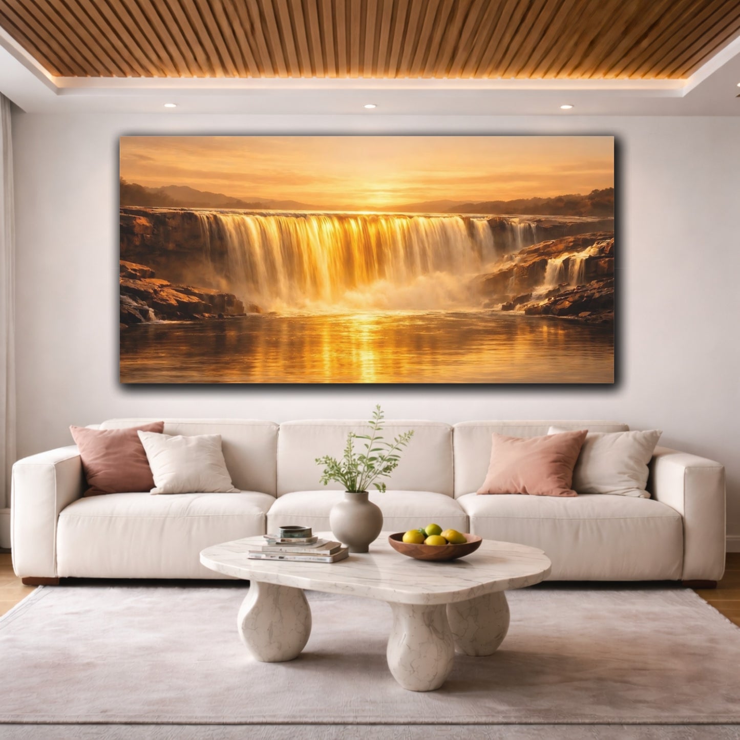 Mockup 3. Nature Waterfall Golden Waterfall shown as stretched canvas wall art