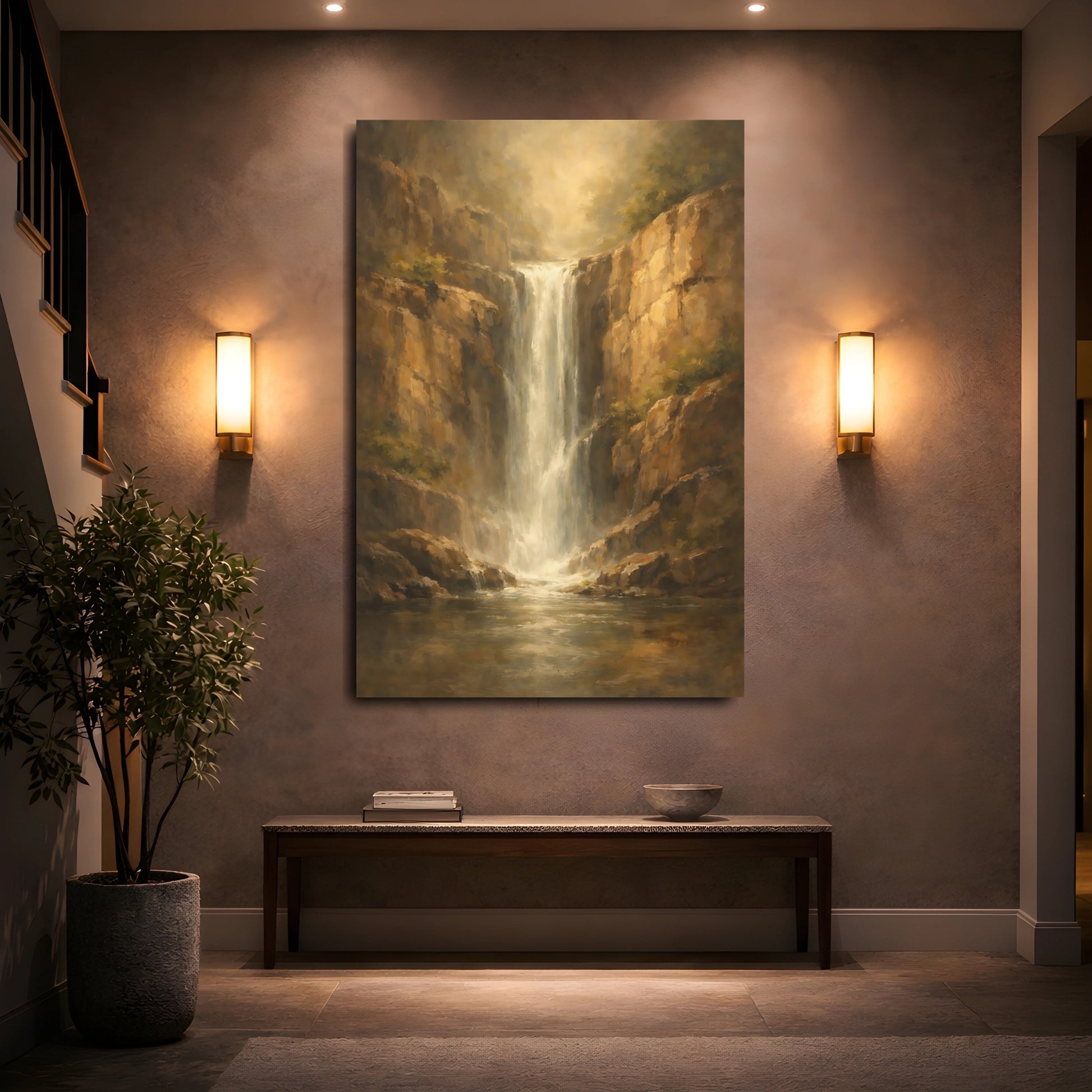 Mockup 4. Nature Waterfall Golden Waterfall shown as stretched canvas wall art