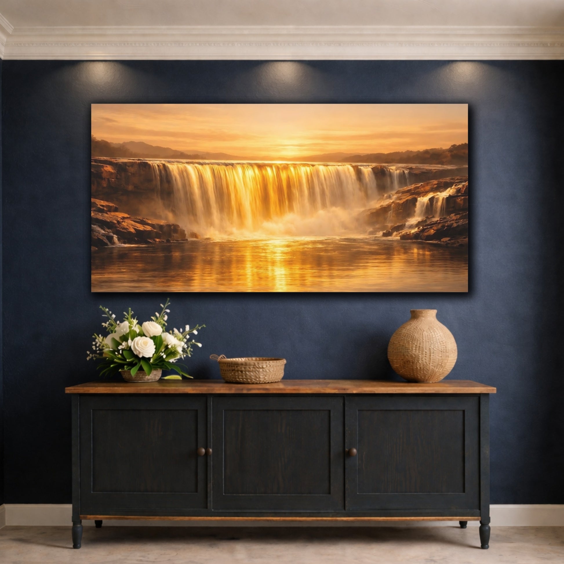 Mockup 4. Nature Waterfall Golden Waterfall shown as stretched canvas wall art