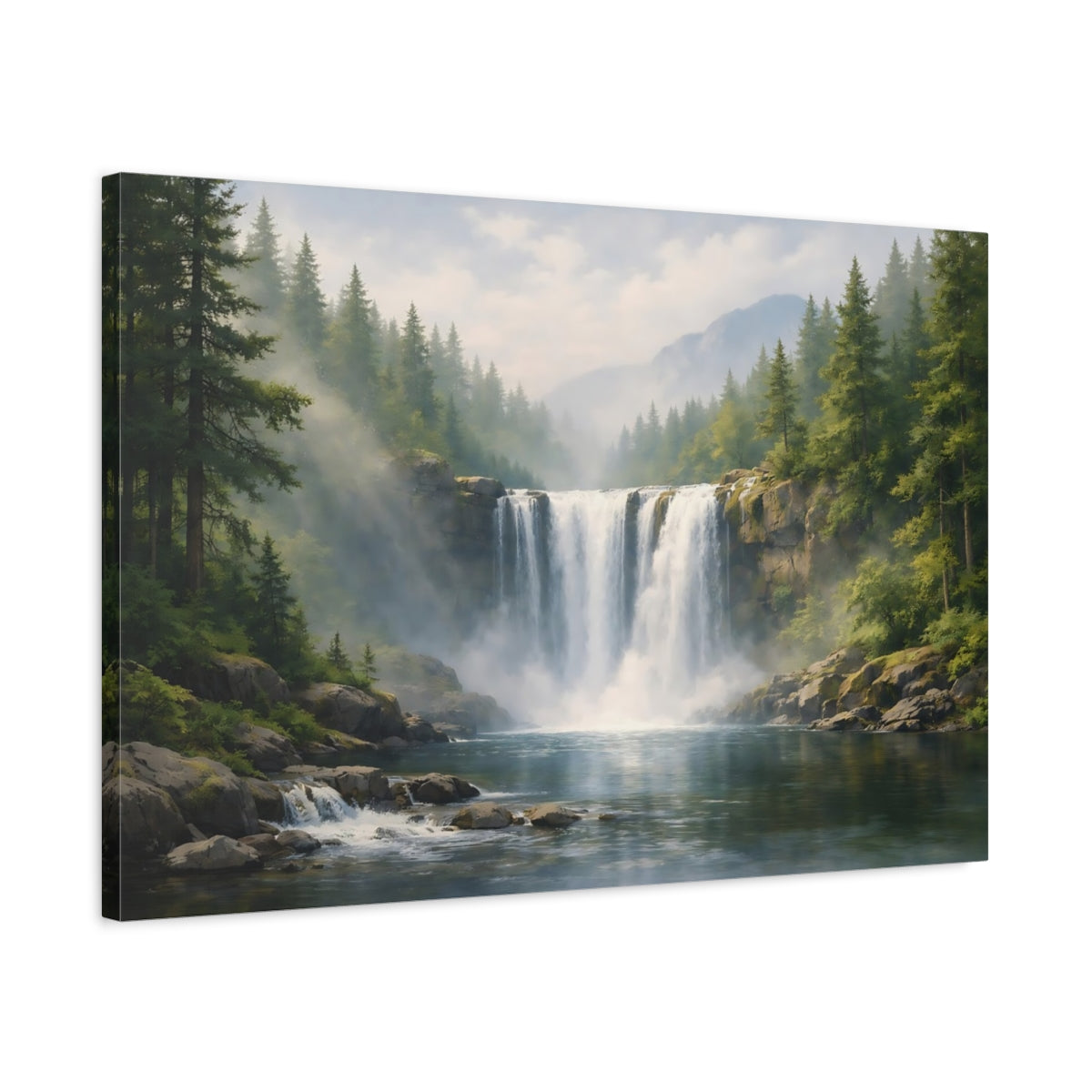 Side Mockup 2. Nature Waterfall Green And Blue Waterfall shown as stretched canvas wall art