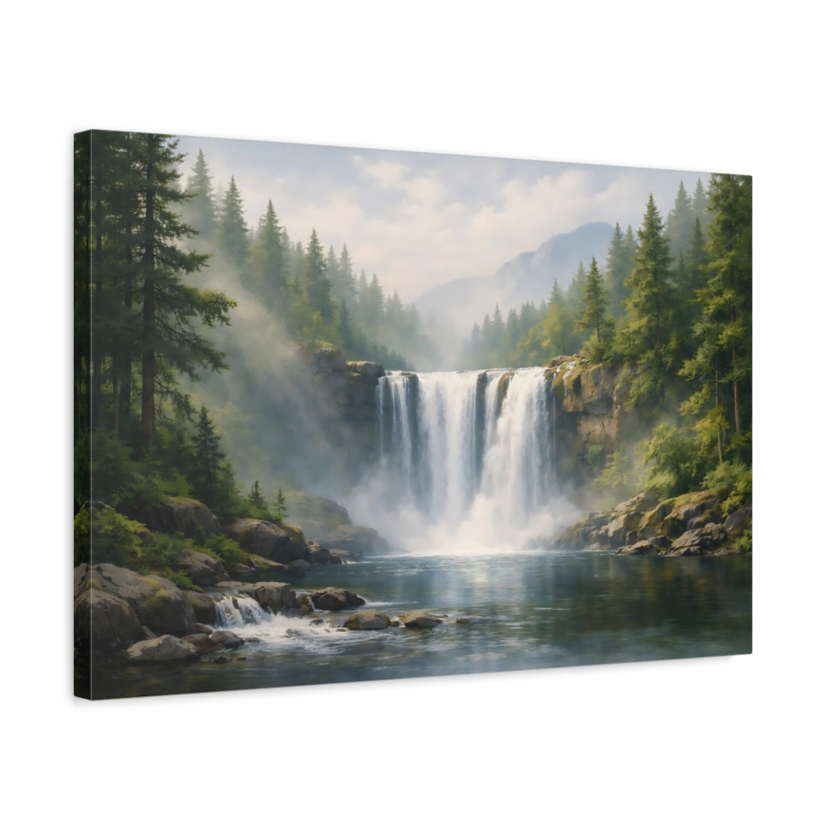 Side Mockup 3. Nature Waterfall Green And Blue Waterfall shown as stretched canvas wall art
