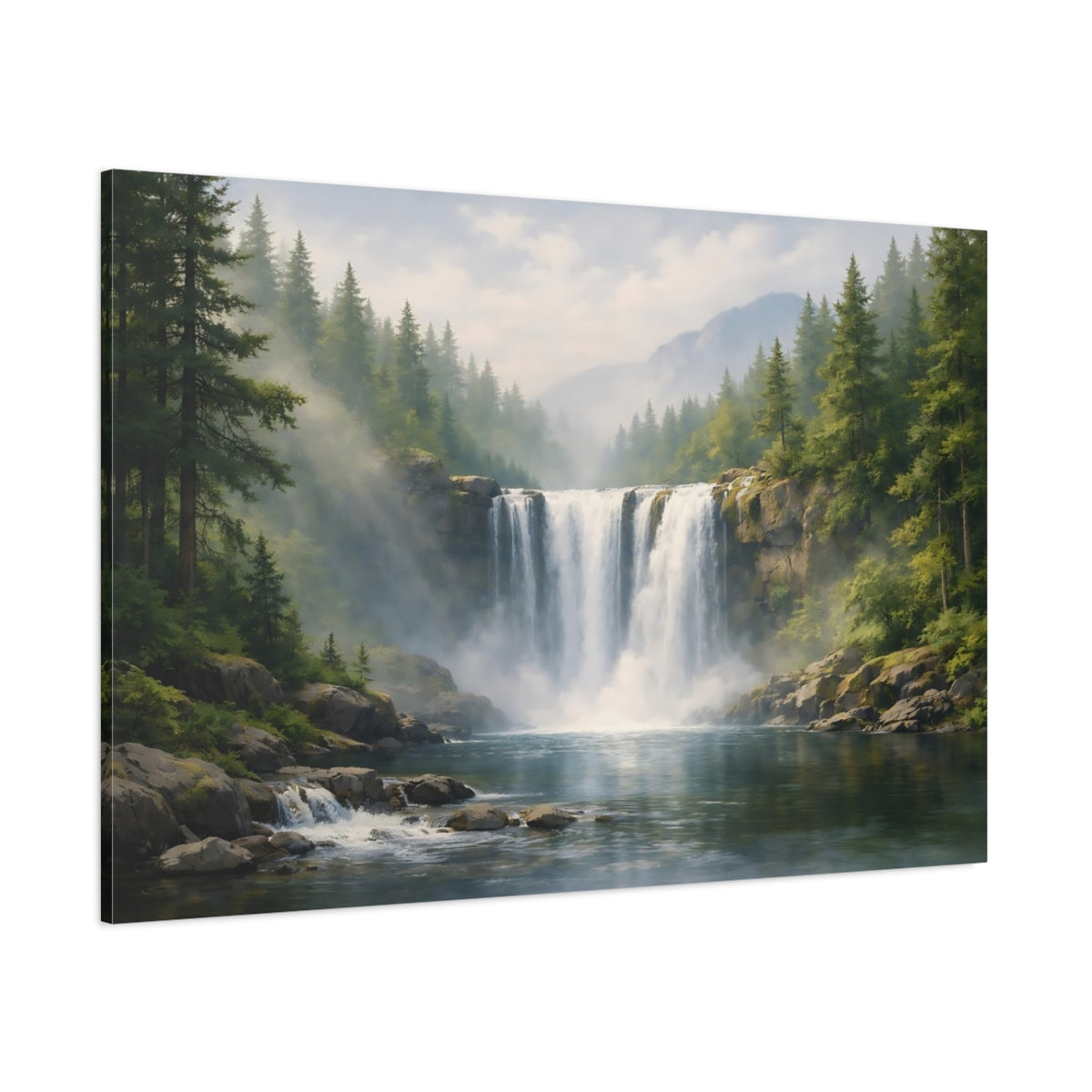Side Mockup 1. Nature Waterfall Green And Blue Waterfall shown as stretched canvas wall art