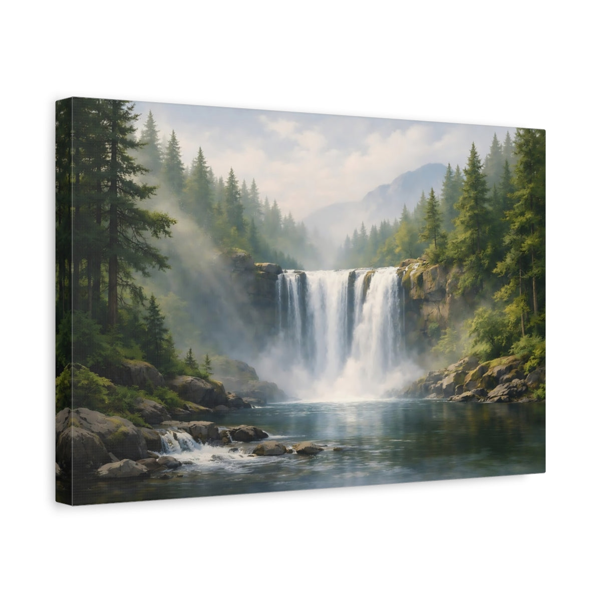 Side Mockup 4. Nature Waterfall Green And Blue Waterfall shown as stretched canvas wall art