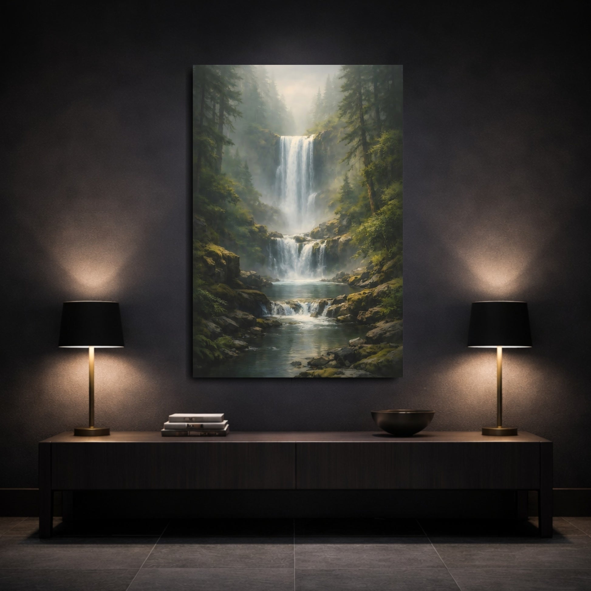 Mockup 2. Nature Waterfall Green And Blue shown as stretched canvas wall art