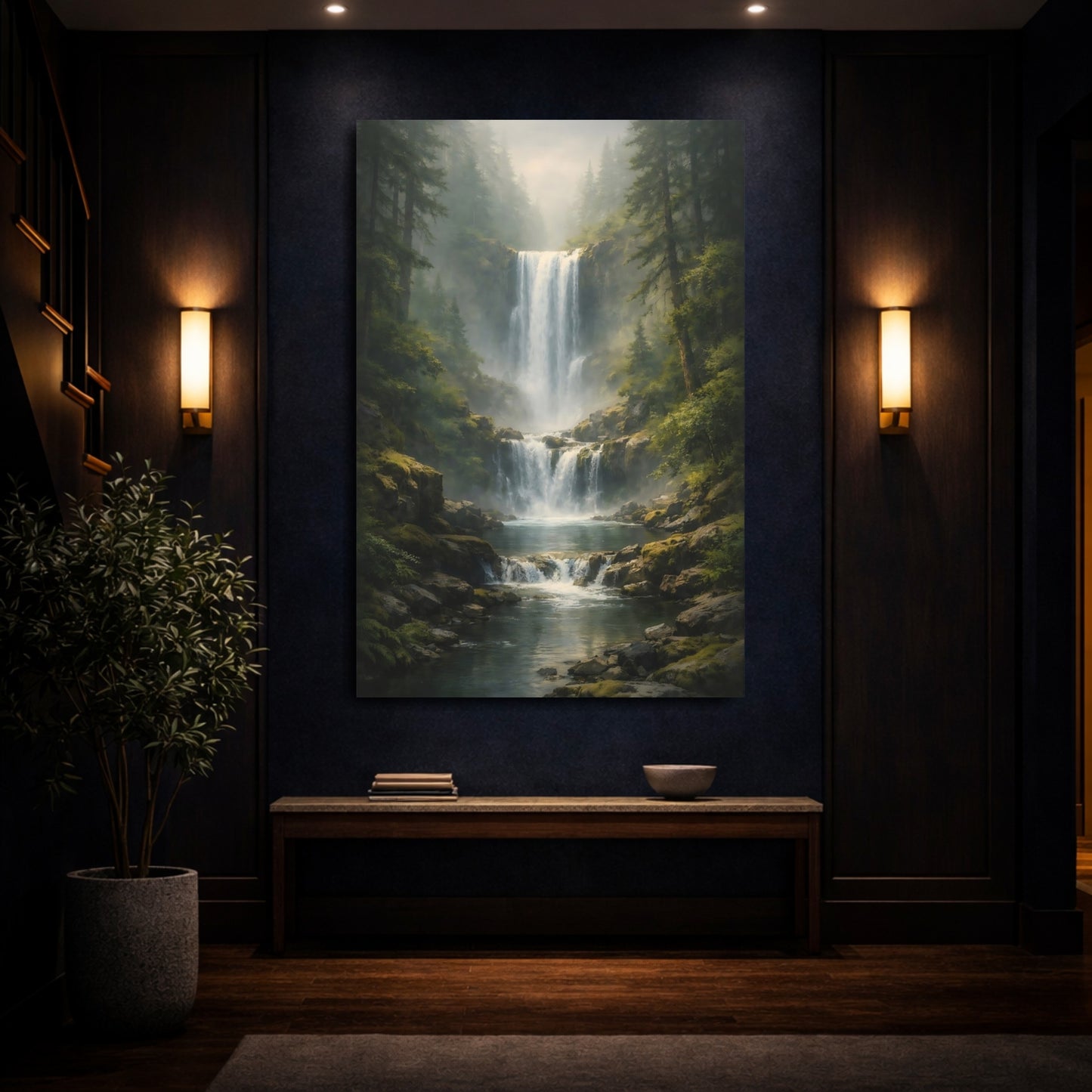 Mockup 3. Nature Waterfall Green And Blue shown as stretched canvas wall art
