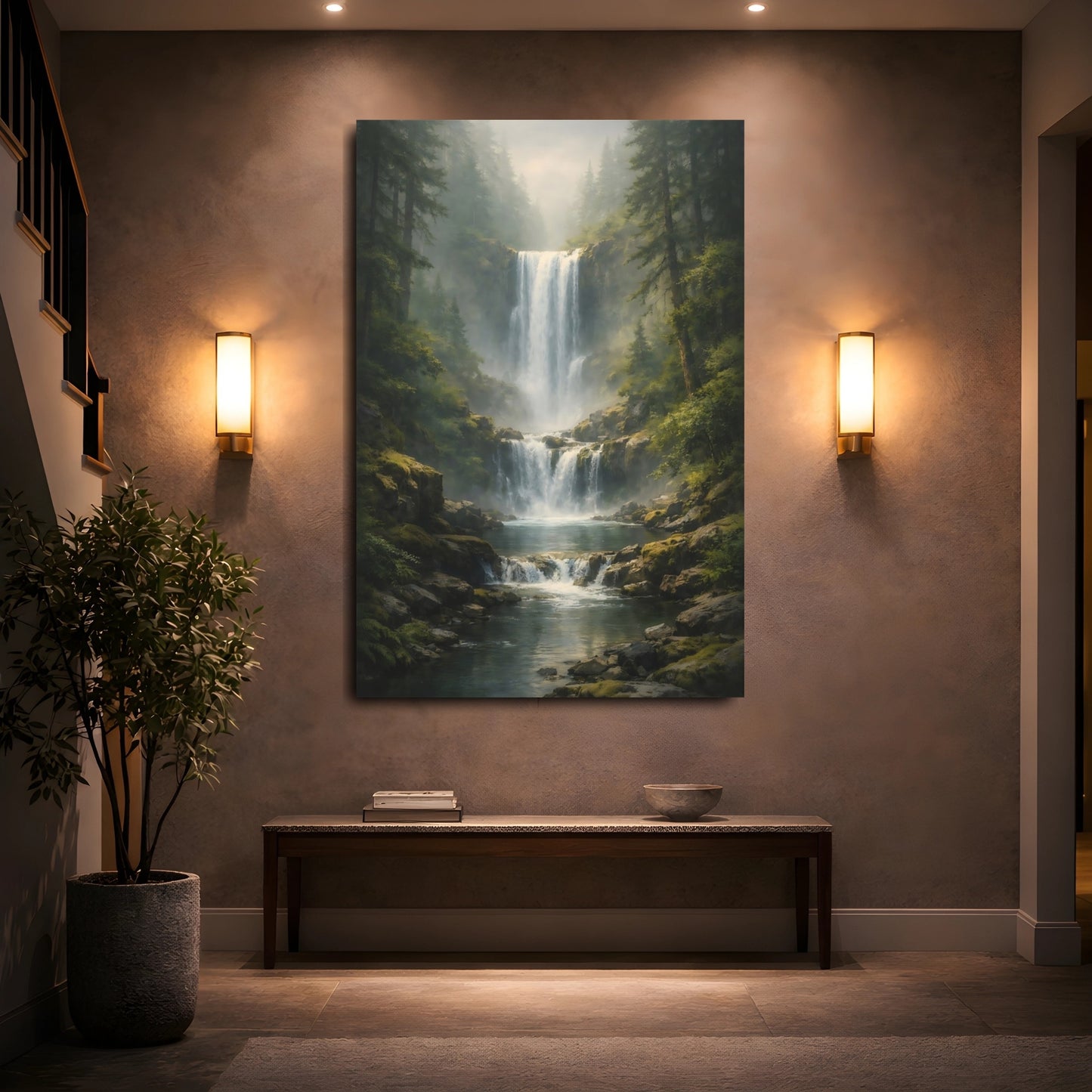 Mockup 4. Nature Waterfall Green And Blue shown as stretched canvas wall art