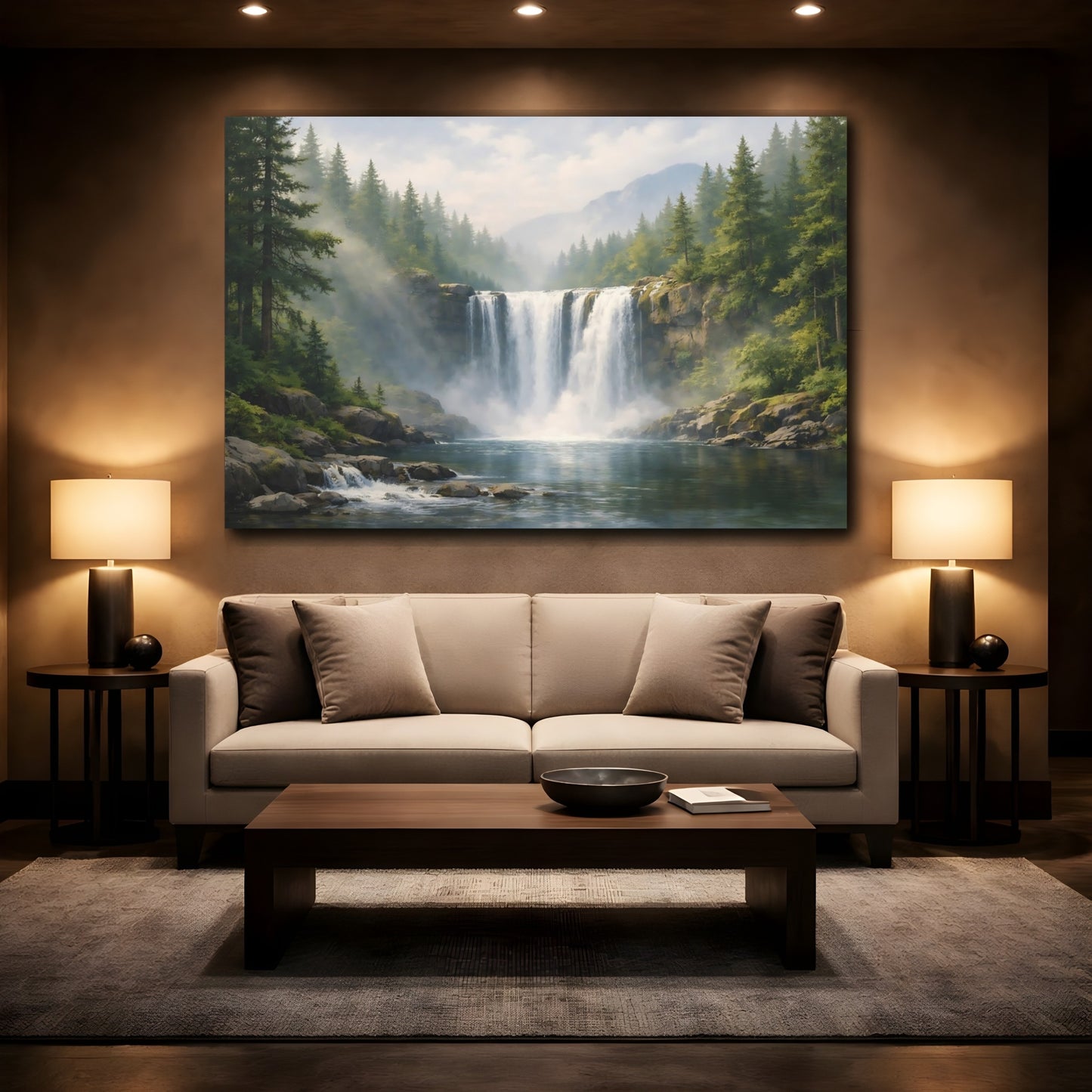 Mockup 2. Nature Waterfall Green And Blue Waterfall shown as stretched canvas wall art