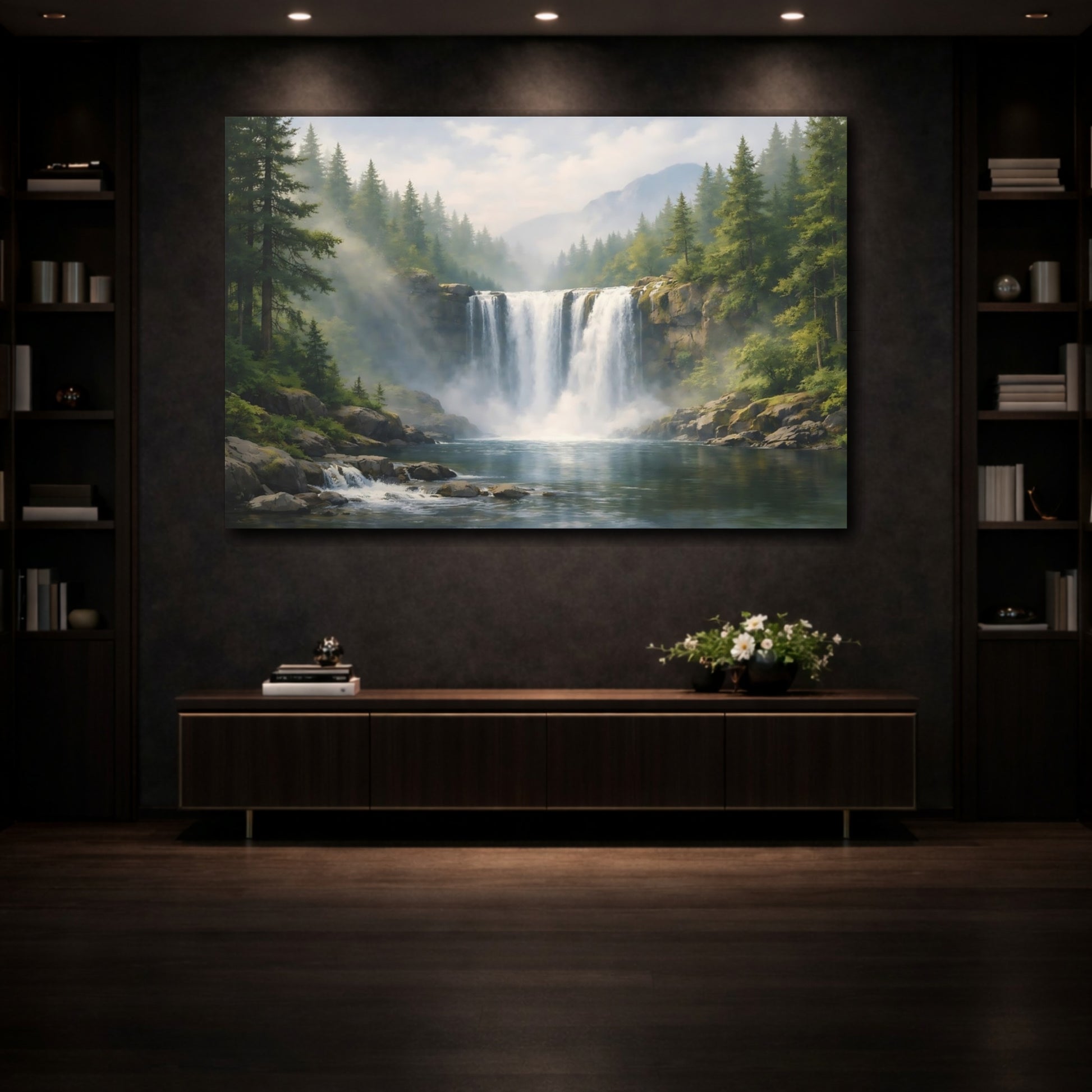 Mockup 3. Nature Waterfall Green And Blue Waterfall shown as stretched canvas wall art