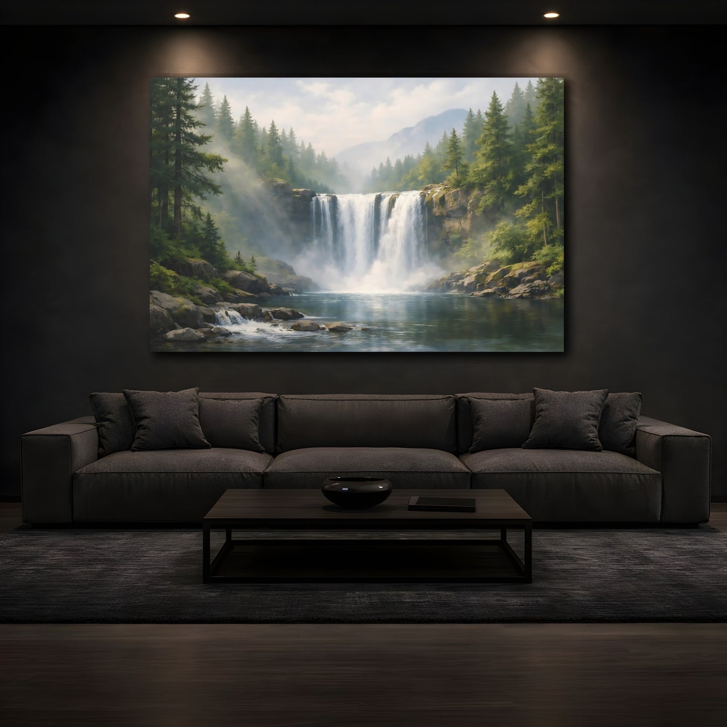 Mockup 4. Nature Waterfall Green And Blue Waterfall shown as stretched canvas wall art