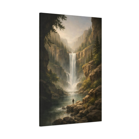 Nature Waterfall Green And Brown Landscape shown as stretched canvas wall art