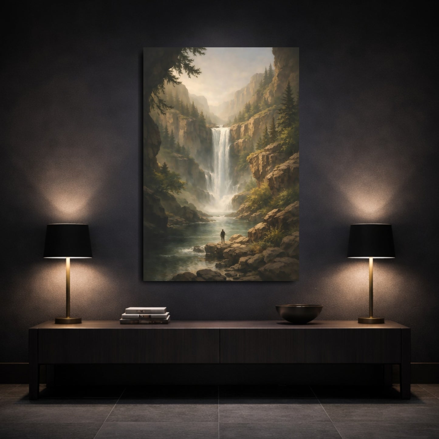 Nature Waterfall Green And Brown Landscape shown as front canvas room wall art