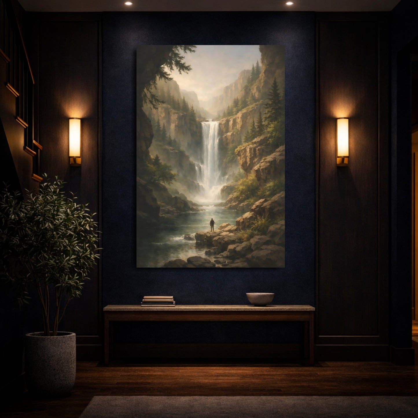 Nature Waterfall Green And Brown Landscape shown as front canvas room wall art