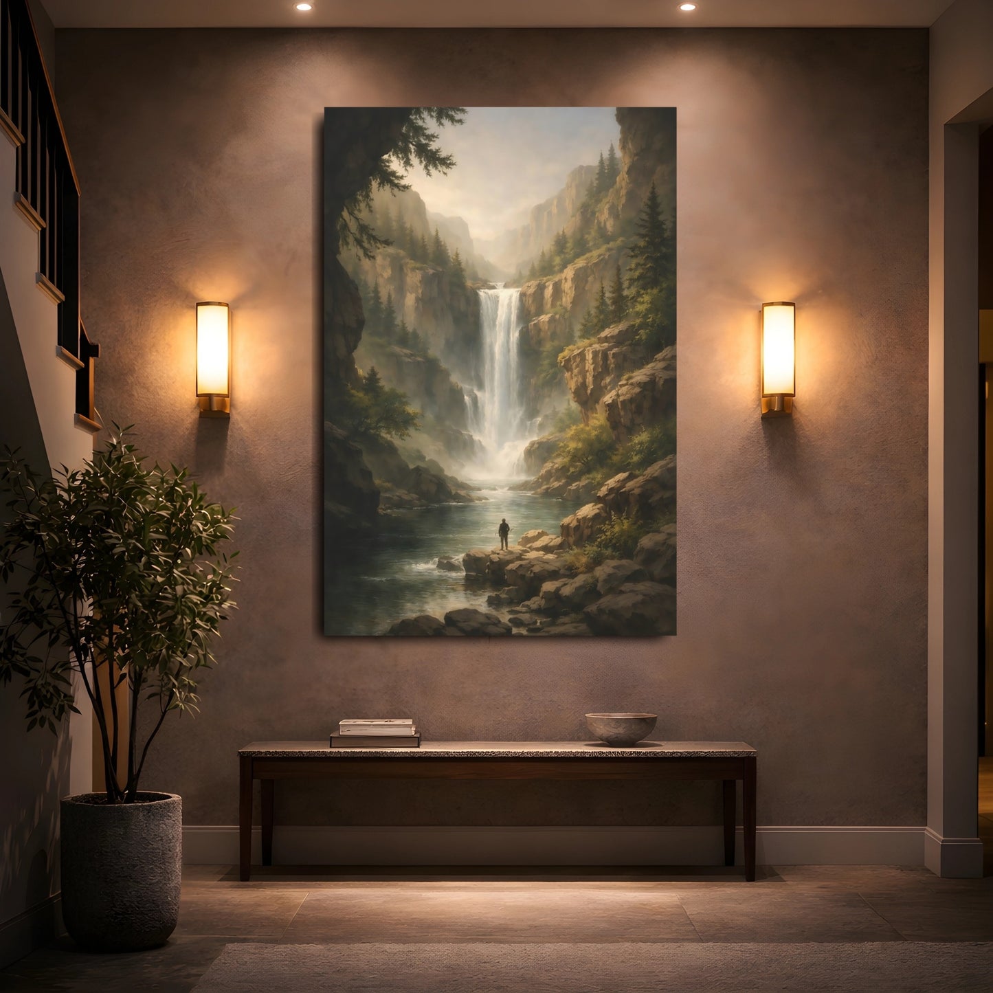 Nature Waterfall Green And Brown Landscape shown as front canvas room wall art