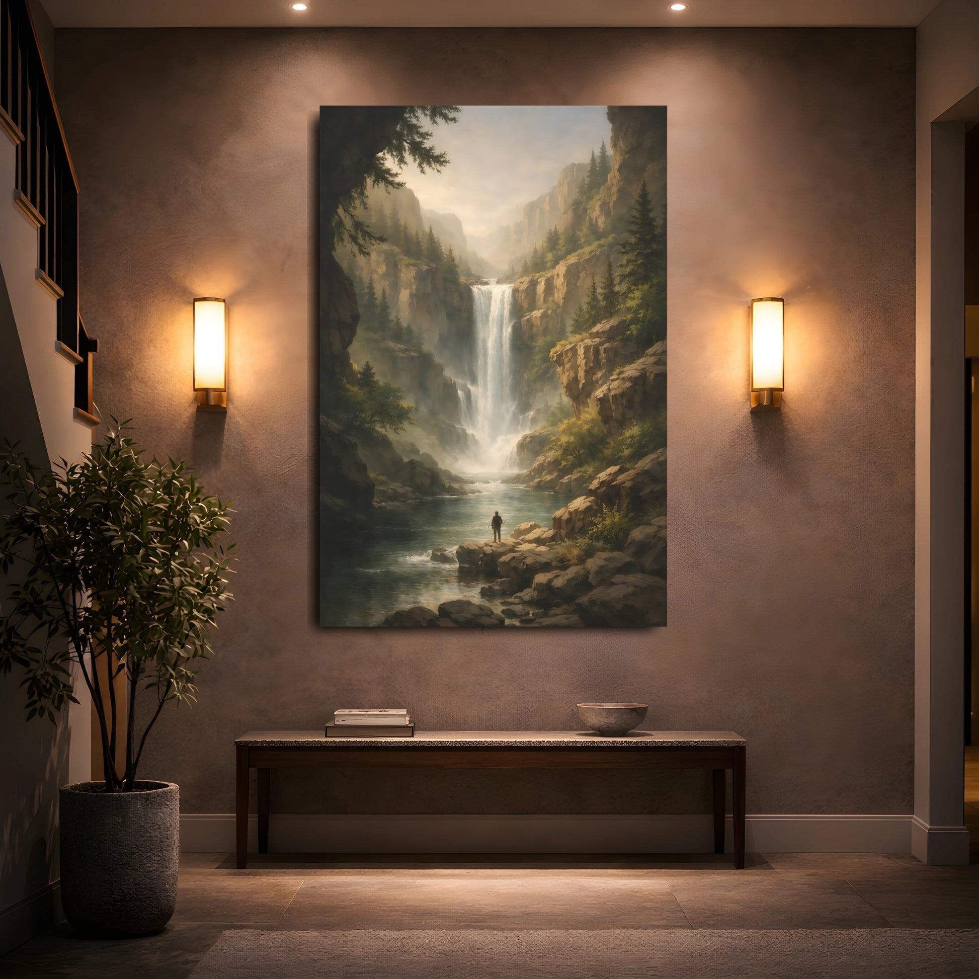 Nature Waterfall Green And Brown Landscape shown as front canvas room wall art