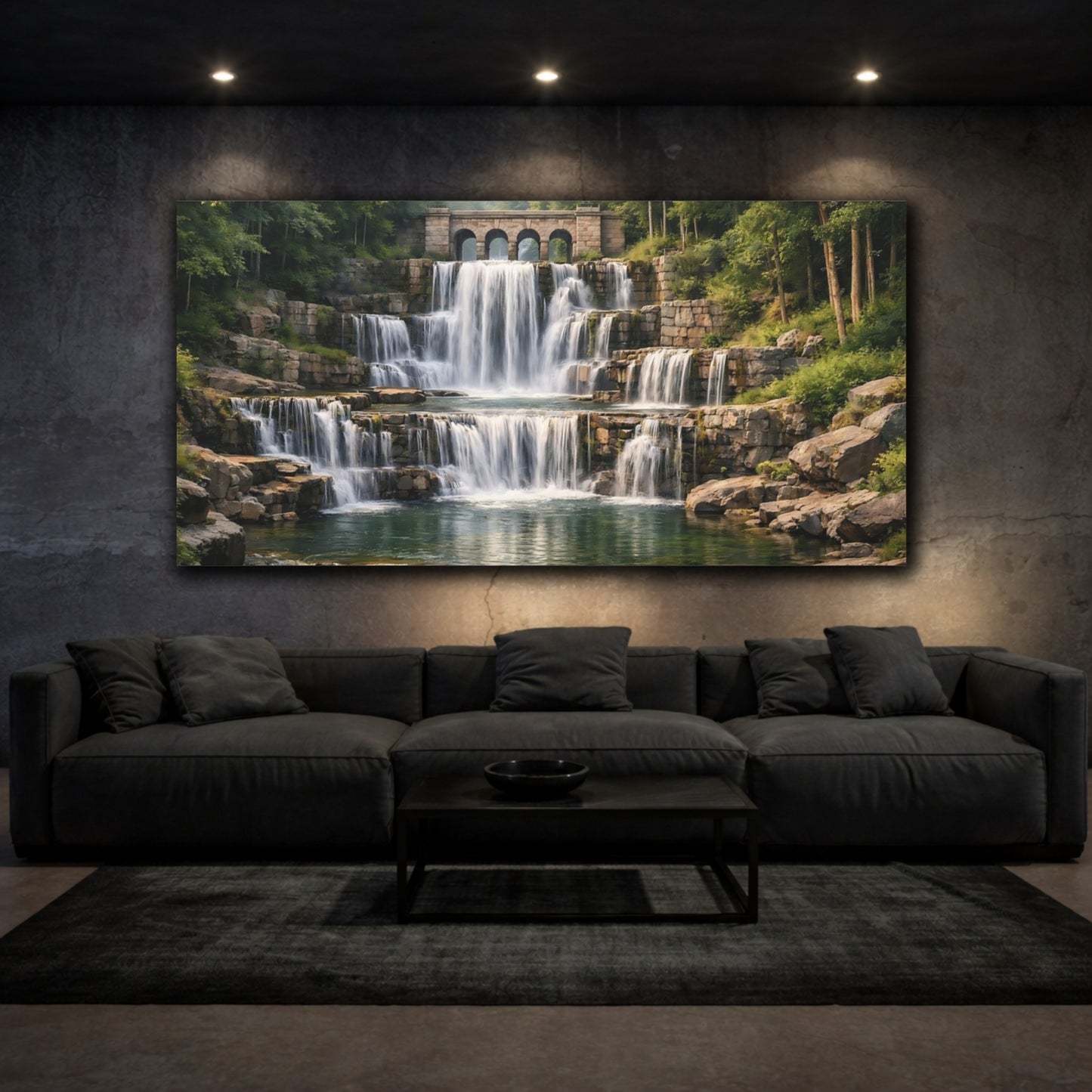Mockup 2. Nature Waterfall Green And Brown shown as stretched canvas wall art