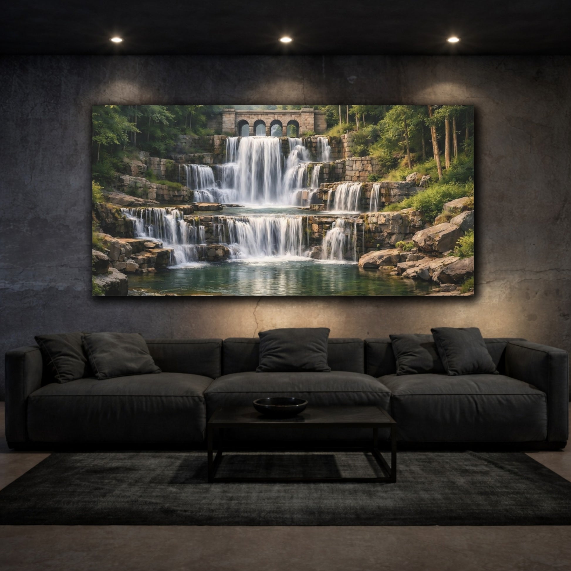 Mockup 2. Nature Waterfall Green And Brown shown as stretched canvas wall art