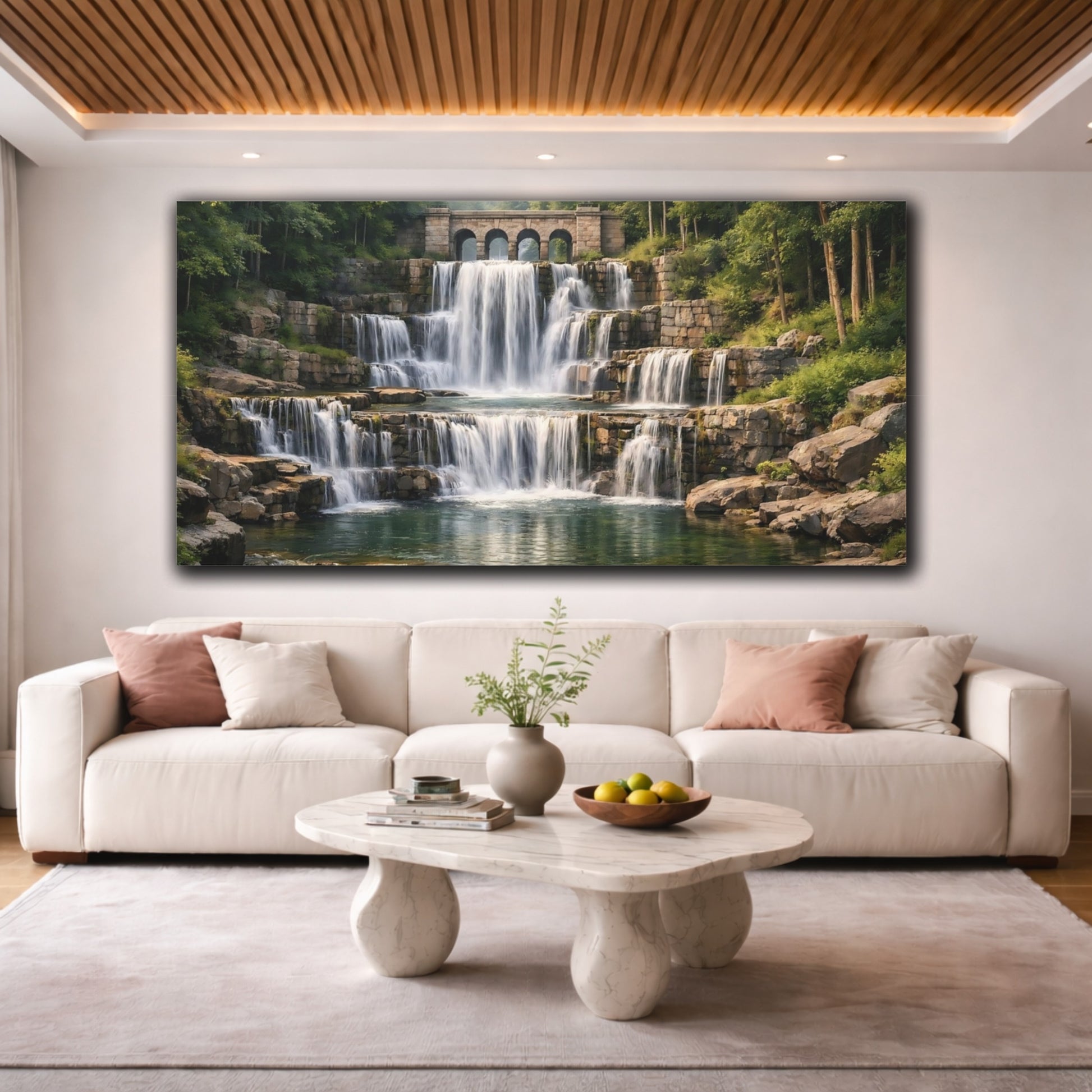 Mockup 3. Nature Waterfall Green And Brown shown as stretched canvas wall art