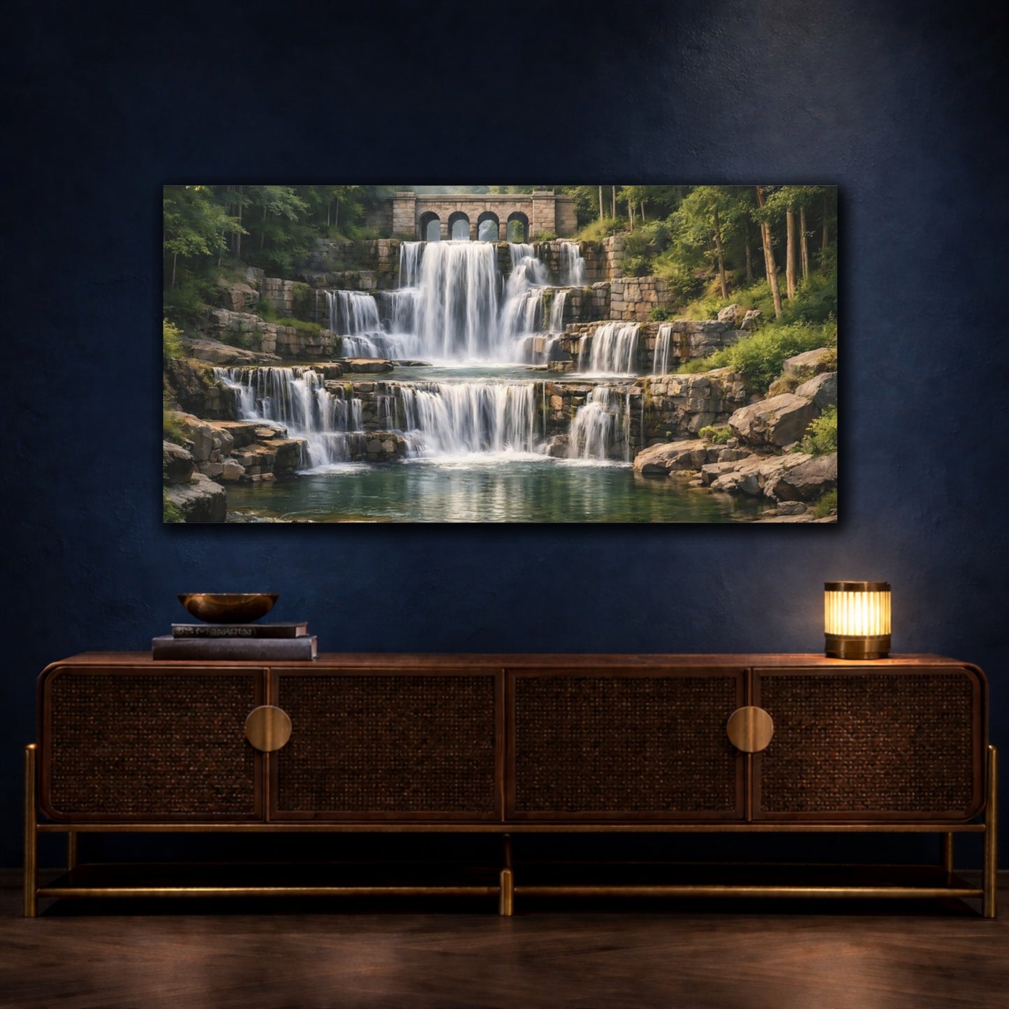 Mockup 4. Nature Waterfall Green And Brown shown as stretched canvas wall art