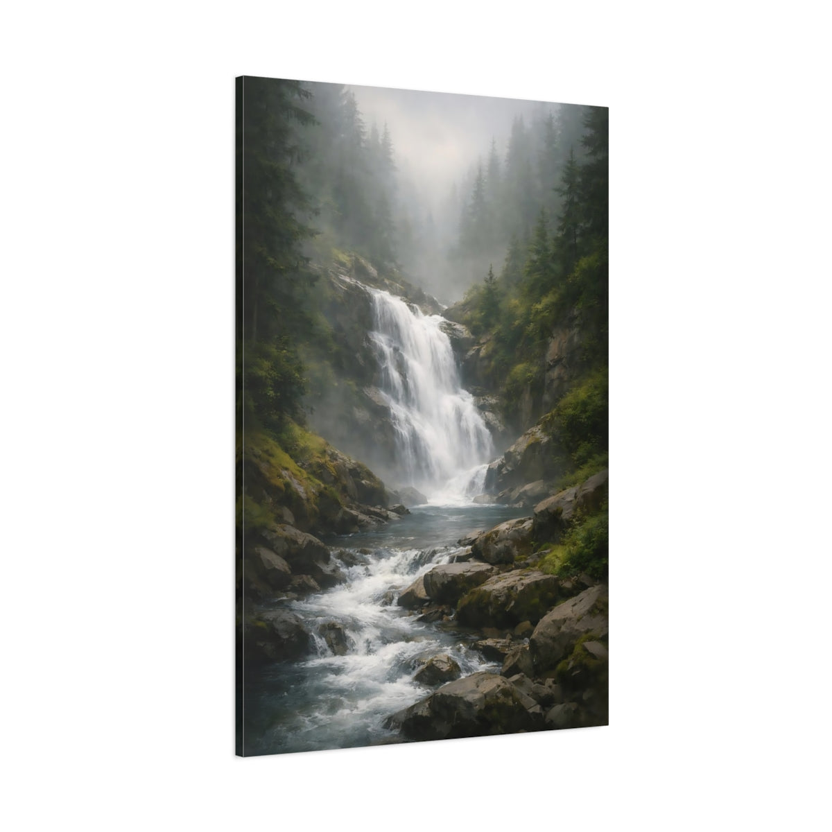 Main Mockup. Nature Waterfall Green And Grey shown as stretched canvas wall art