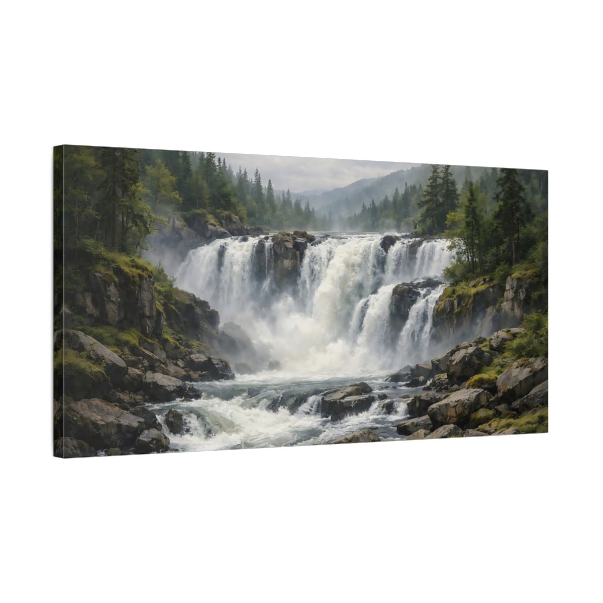 Nature Waterfall Green And Grey - Canvas Wall Art Print - YesArtYes