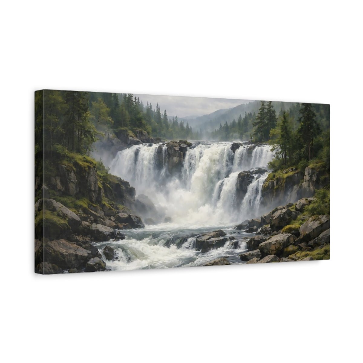 Nature Waterfall Green And Grey - Canvas Wall Art Print - YesArtYes
