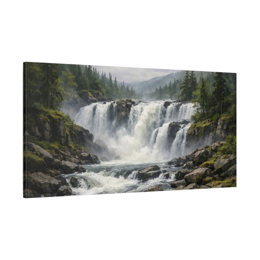 Nature Waterfall Green And Grey - Canvas Wall Art Print - YesArtYes