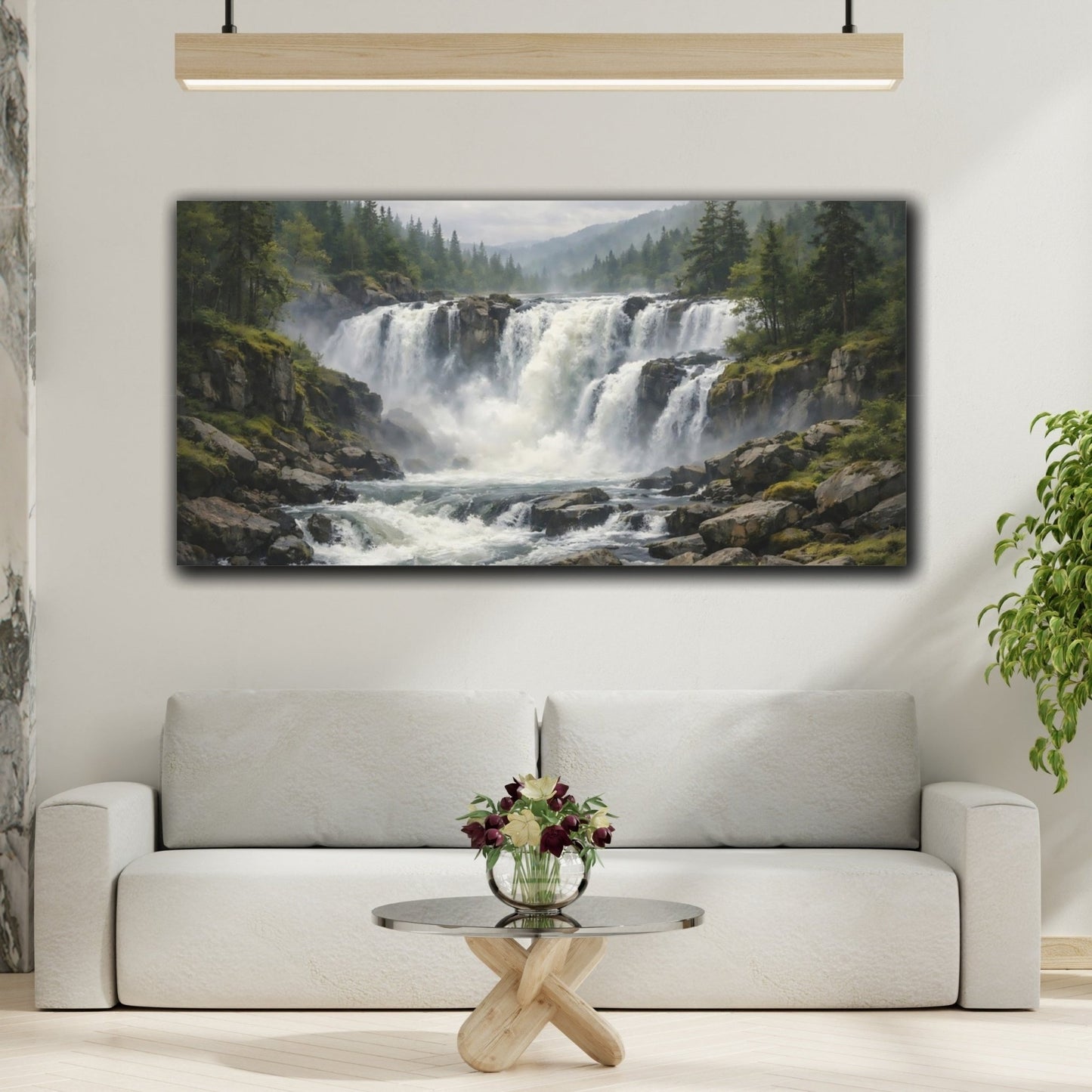 Nature Waterfall Green And Grey - Canvas Wall Art Print - YesArtYes